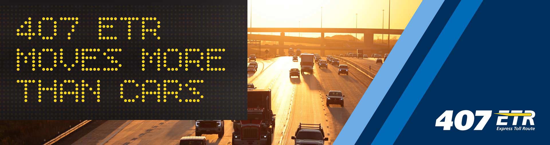 Header image showing the sunset over the highway with words in the middle saying "Driving Ontario Forward. The economic impact of of Highway 407 ETR"