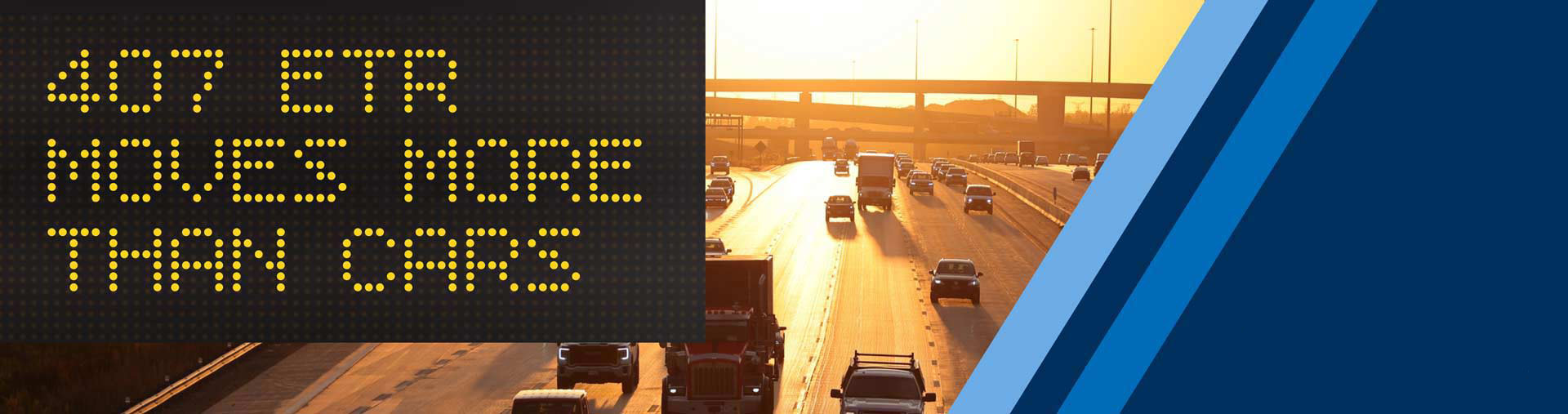 Header image showing the sunset over the highway with words in the middle saying "Driving Ontario Forward. The economic impact of of Highway 407 ETR"
