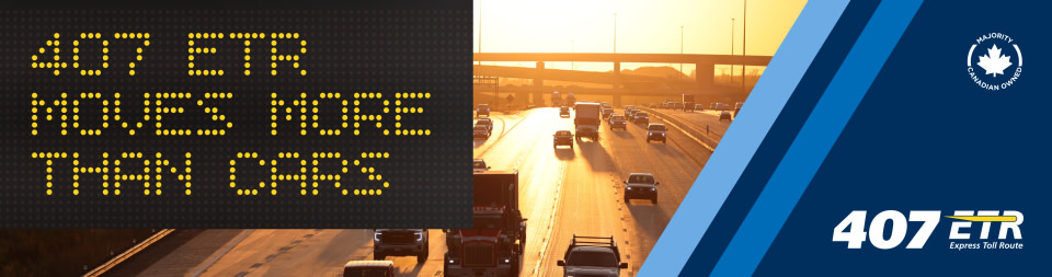 Header image showing the sunset over the highway with words in the middle saying "Driving Ontario Forward. The economic impact of of Highway 407 ETR"