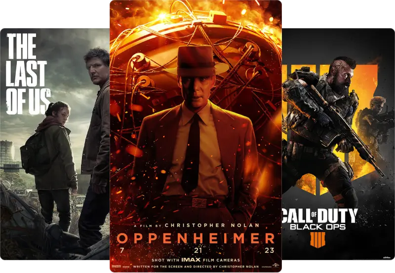 Posters for Oppenheimer, The Last of Us, and Call of Duty