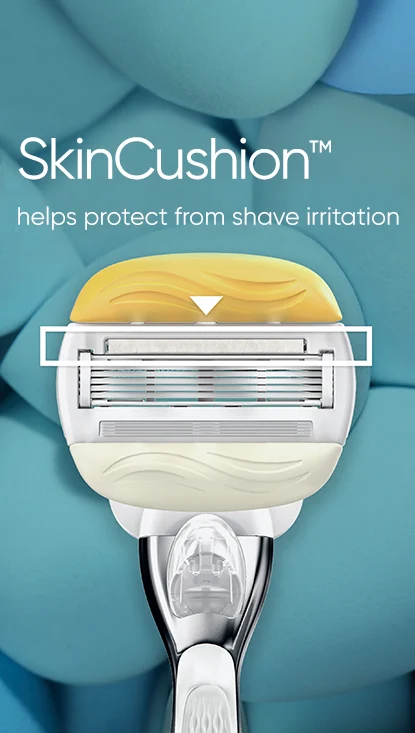 صورة ثانوية مع نص: SkinCushion ™ يساعد على الحماية من تهيج الحلاقة