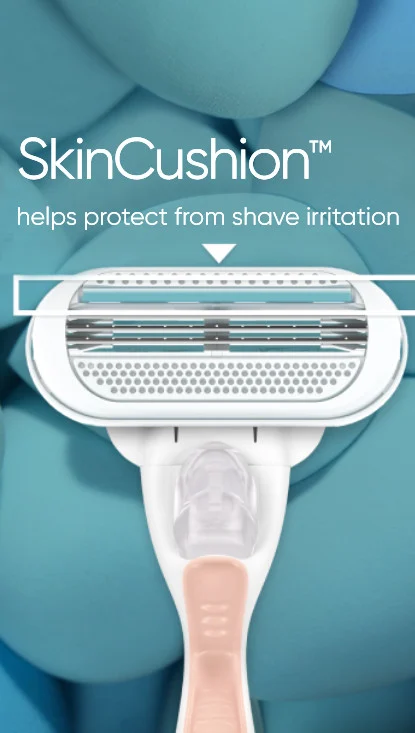 صورة ثانوية مع نص: SkinCushion ™ يساعد على الحماية من تهيج الحلاقة