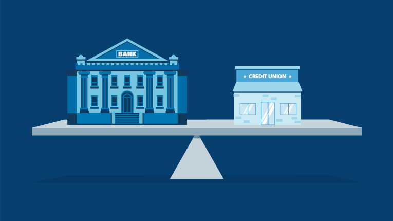 Illustration of a bank and a credit union equally balanced on a scale