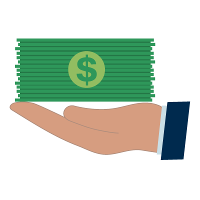 Illustrated hand holding green stack of cash with a dollar sign