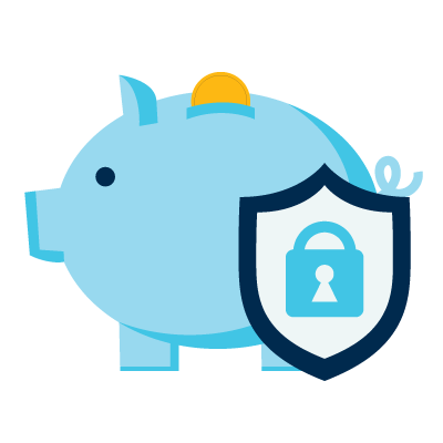 Illustrated blue piggy bank with a coin and a security shield