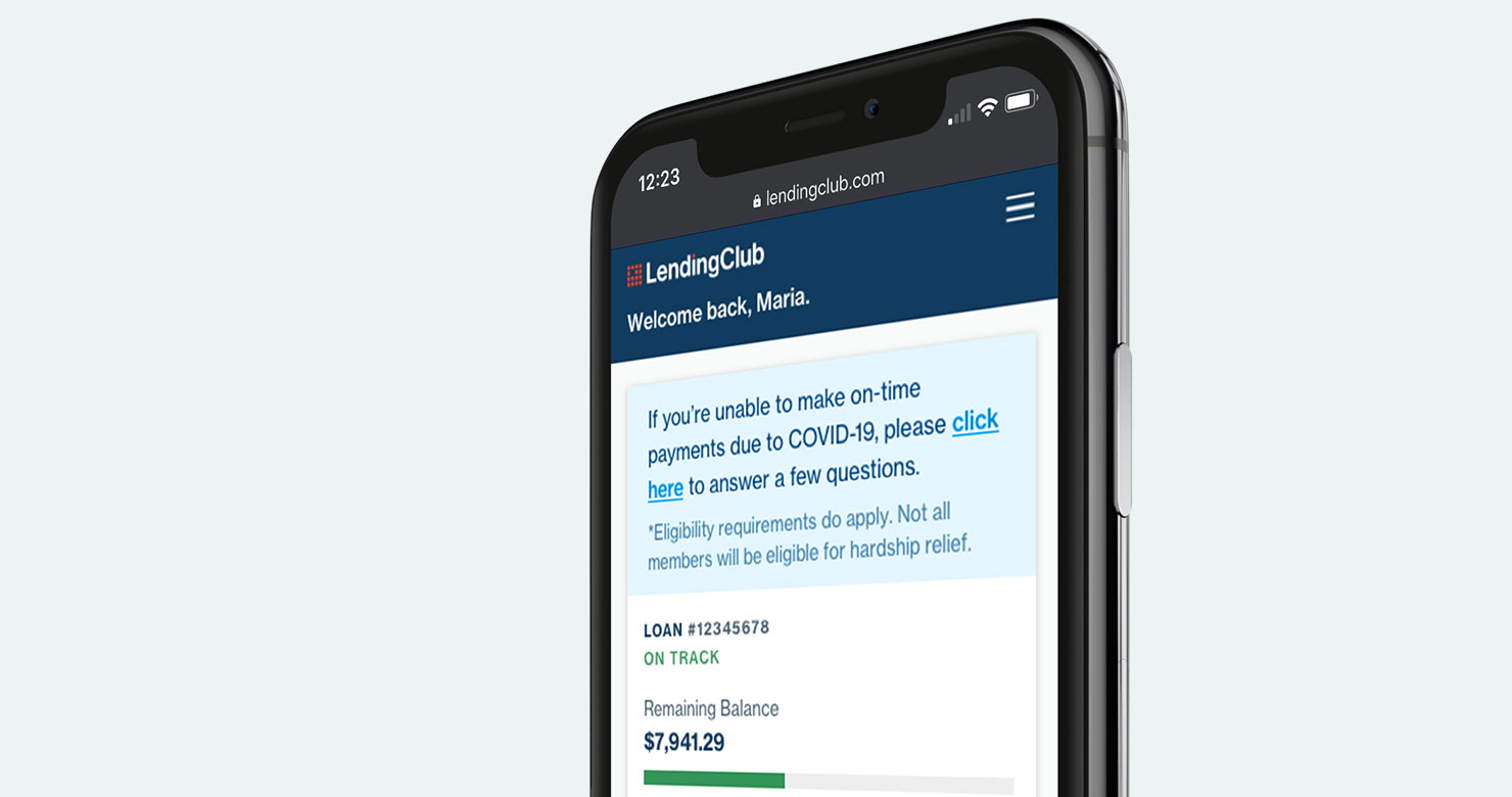 iPhone displaying LendingClub member center payment assistance page