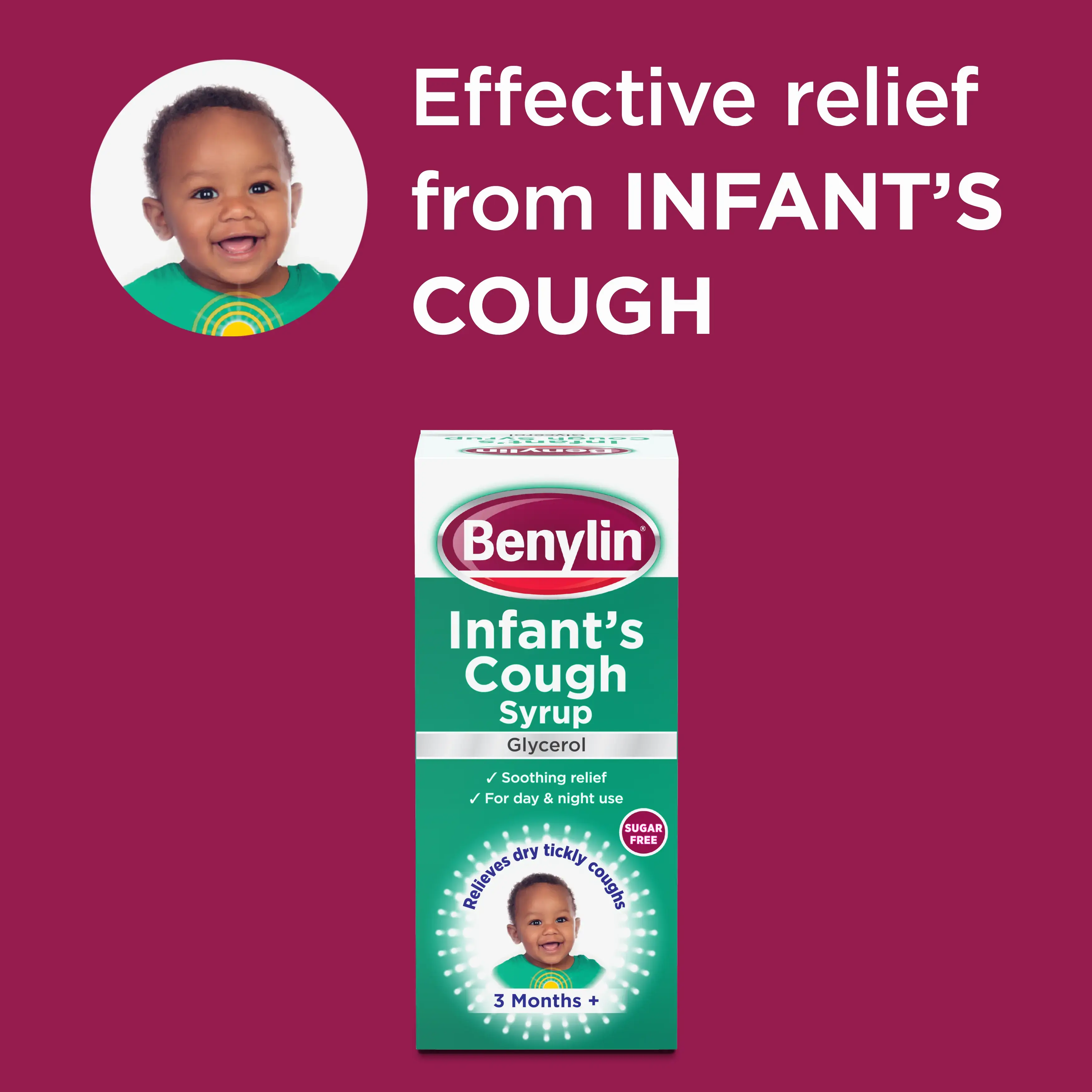 Image showing packshot of Benylin Infant's Cough Syrup with the title: Effective relief from infant's cough
