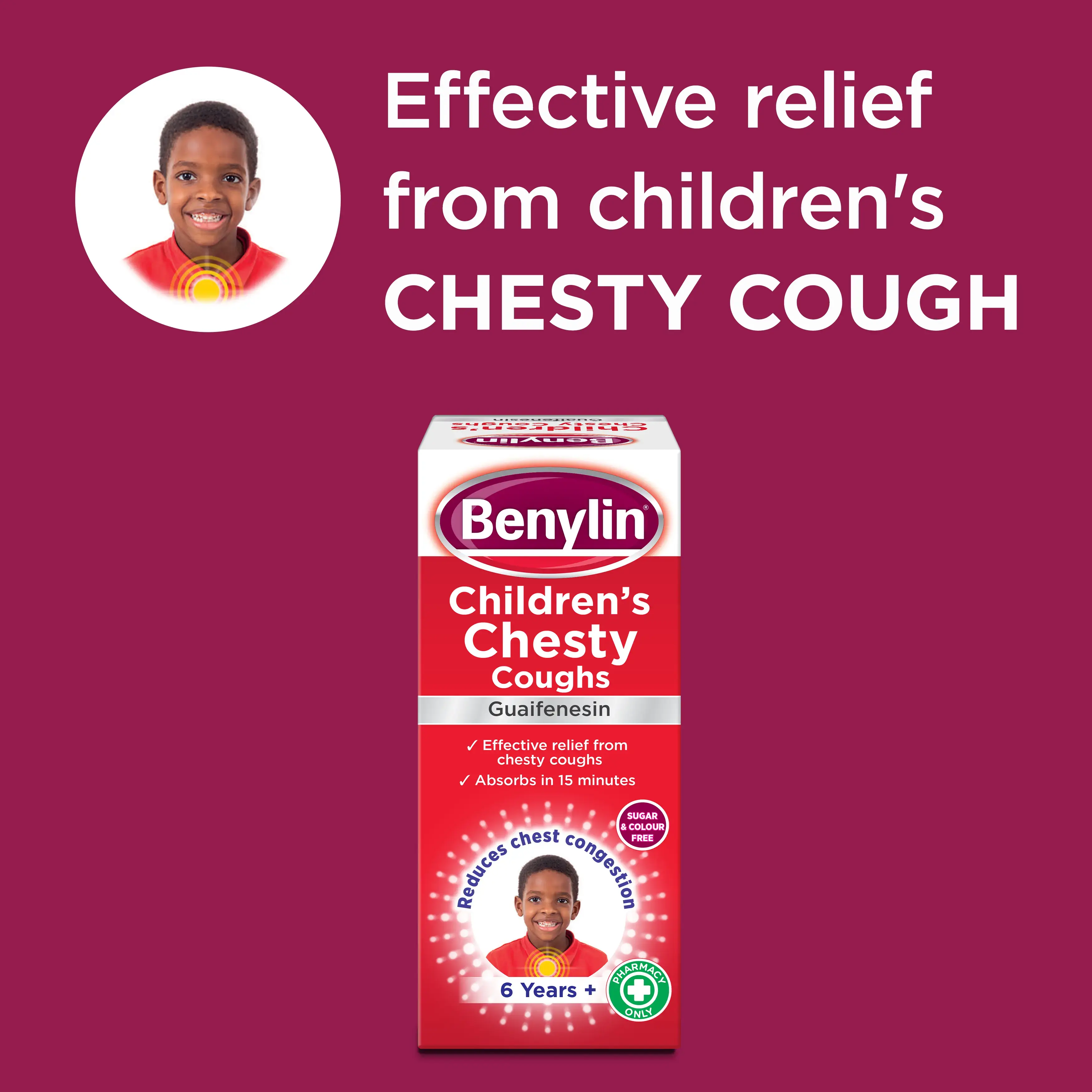 Image showing a packshot of Benylin Children's Chesty Coughs with the title: Effective relief from children's chesty cough