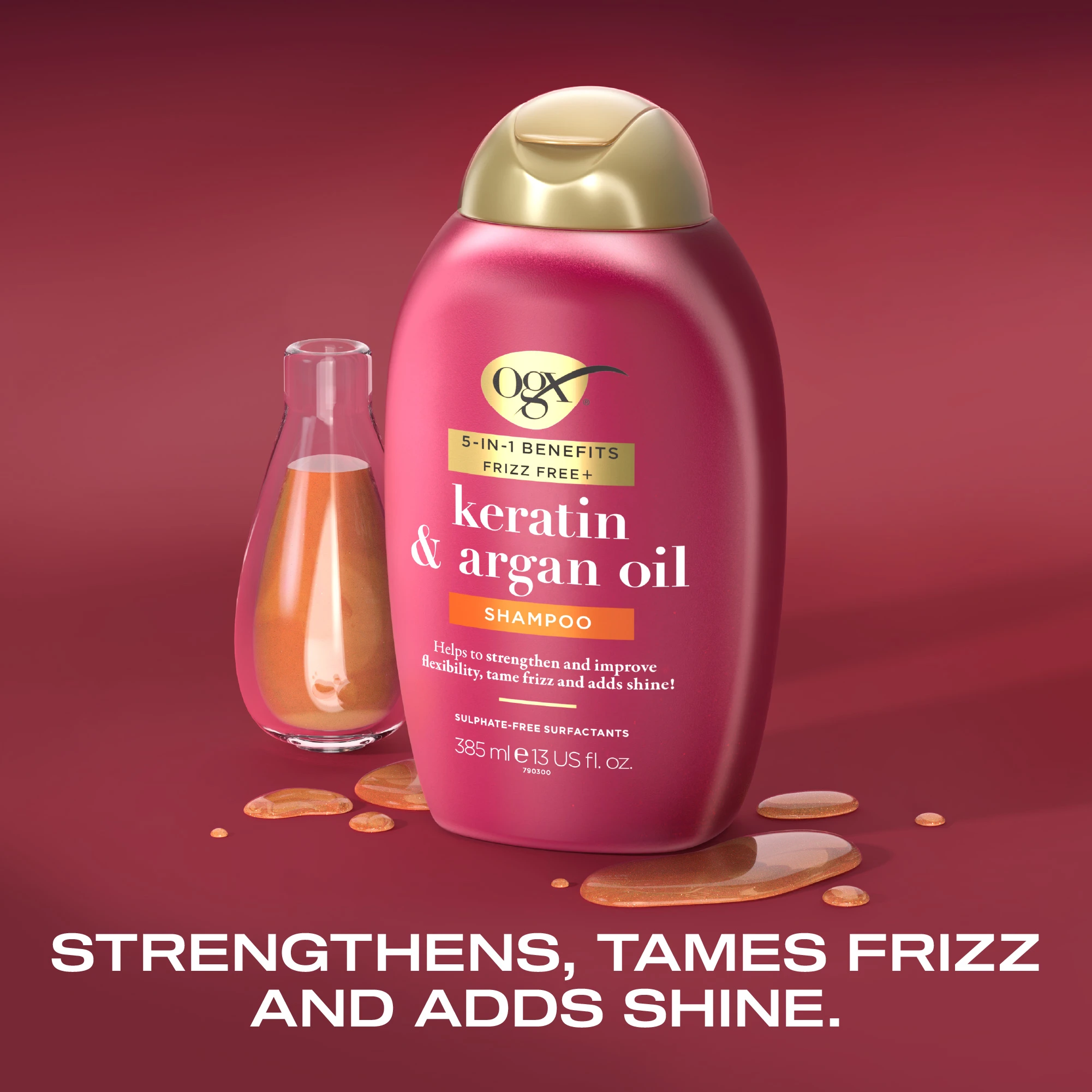 OGX  5-in-1 benefits Frizz Free+ Keratin & Argan Oil Shampoo, 385ml | OGX® Beauty