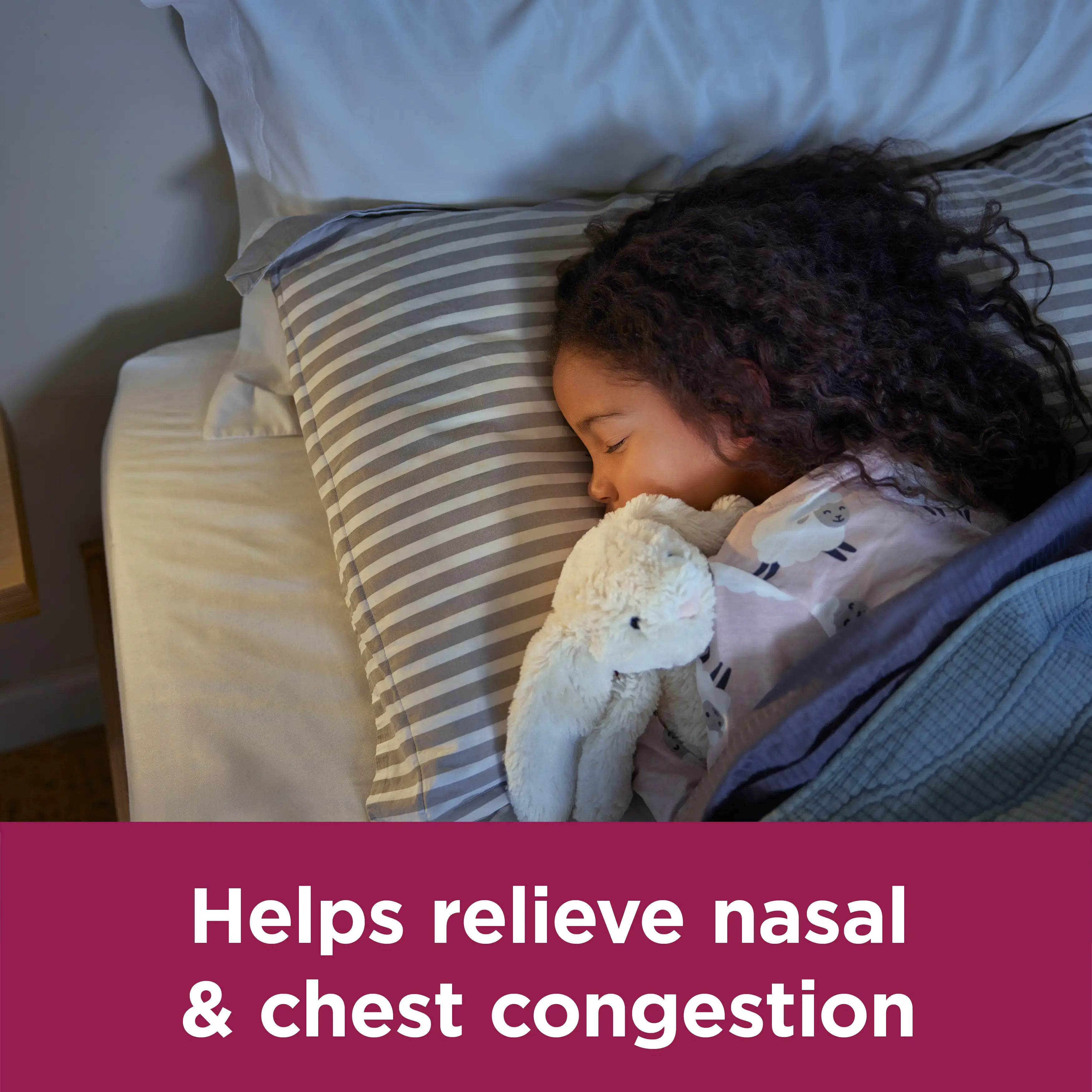 Image showing a girl sleeping with the claim: Helps relieve nasal & chest congestion