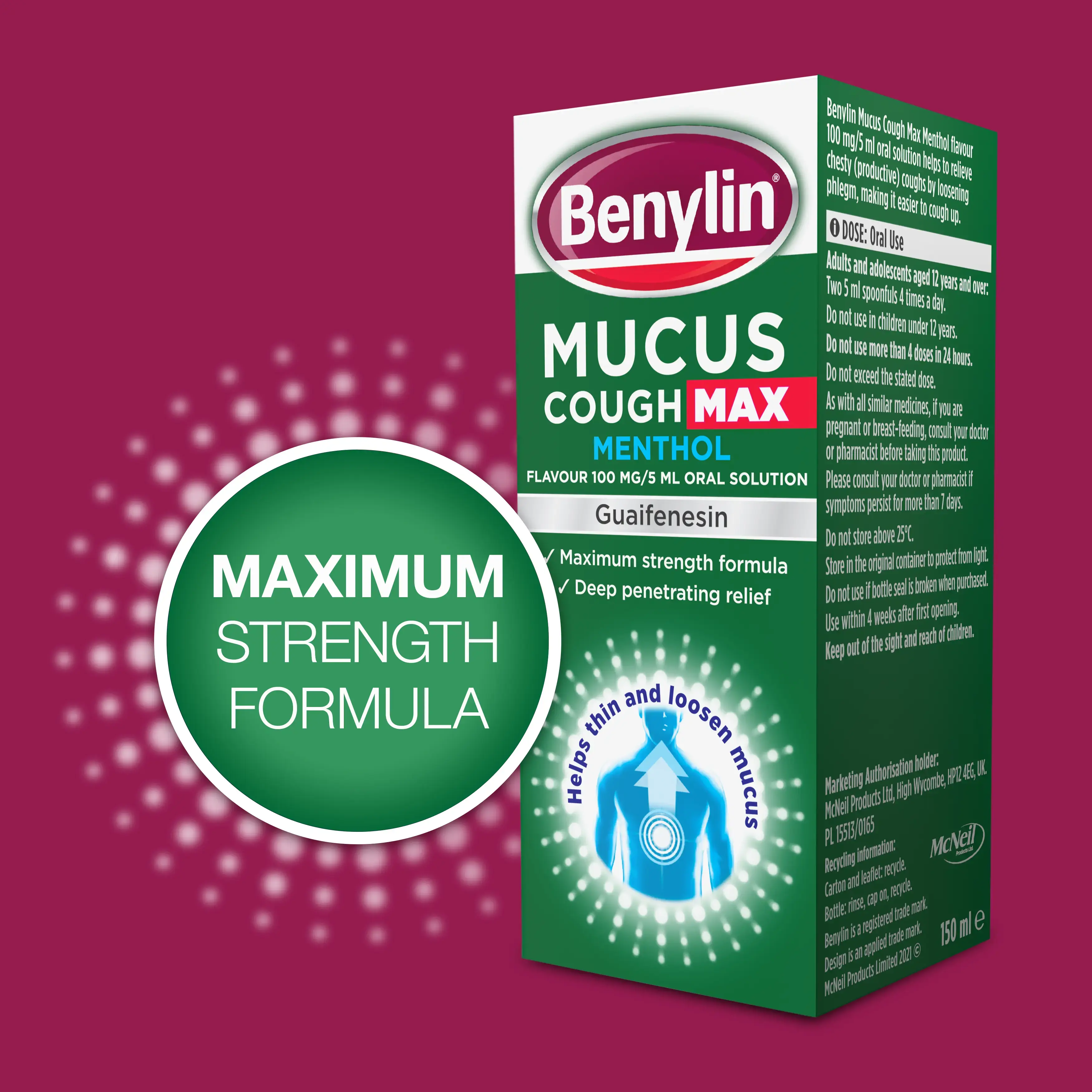 Image showing packshot of Benylin Mucus Cough Max Menthol with the title: Maximum strength formula