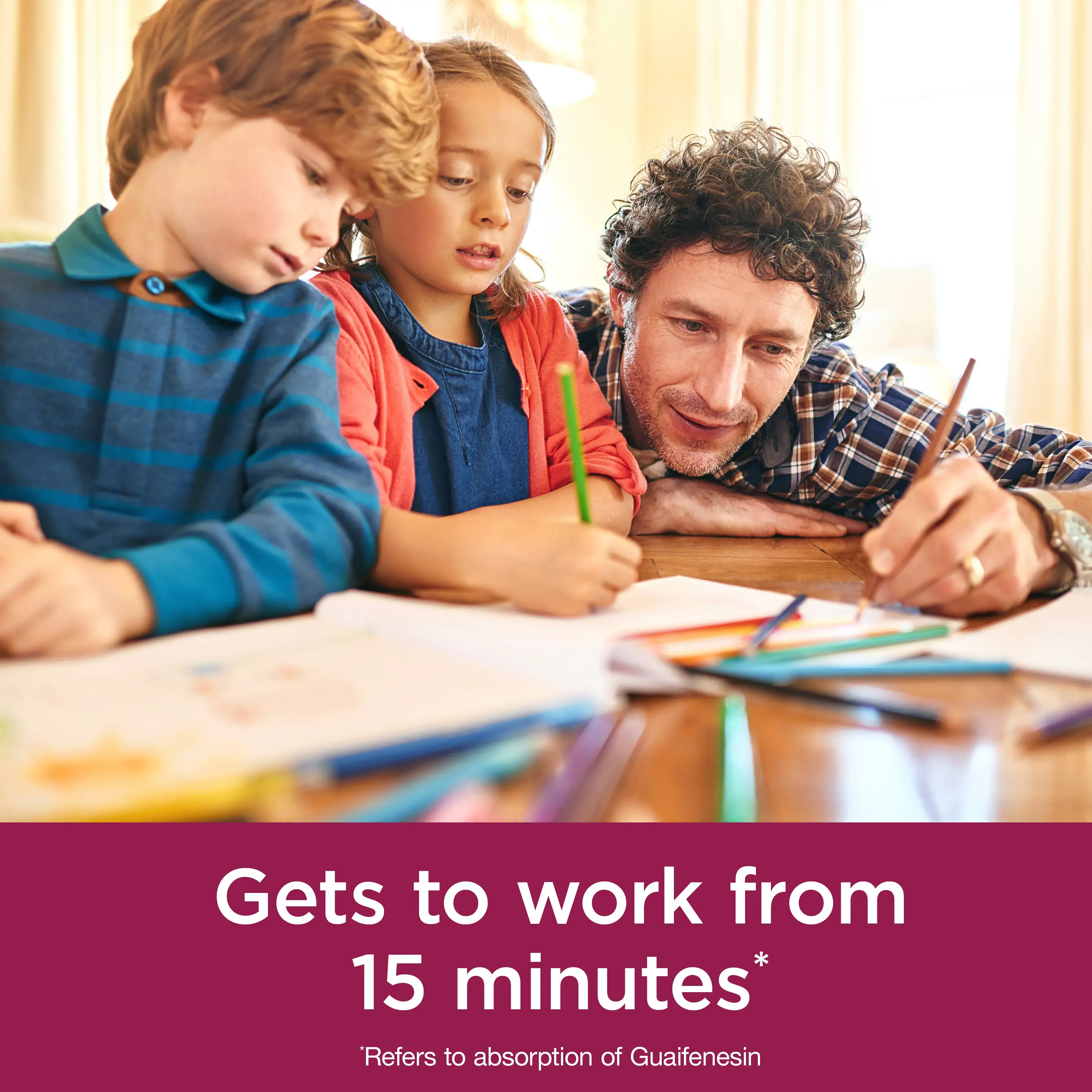 Image showing two kids colouring with the claim: Gets to work from 15 minutes
