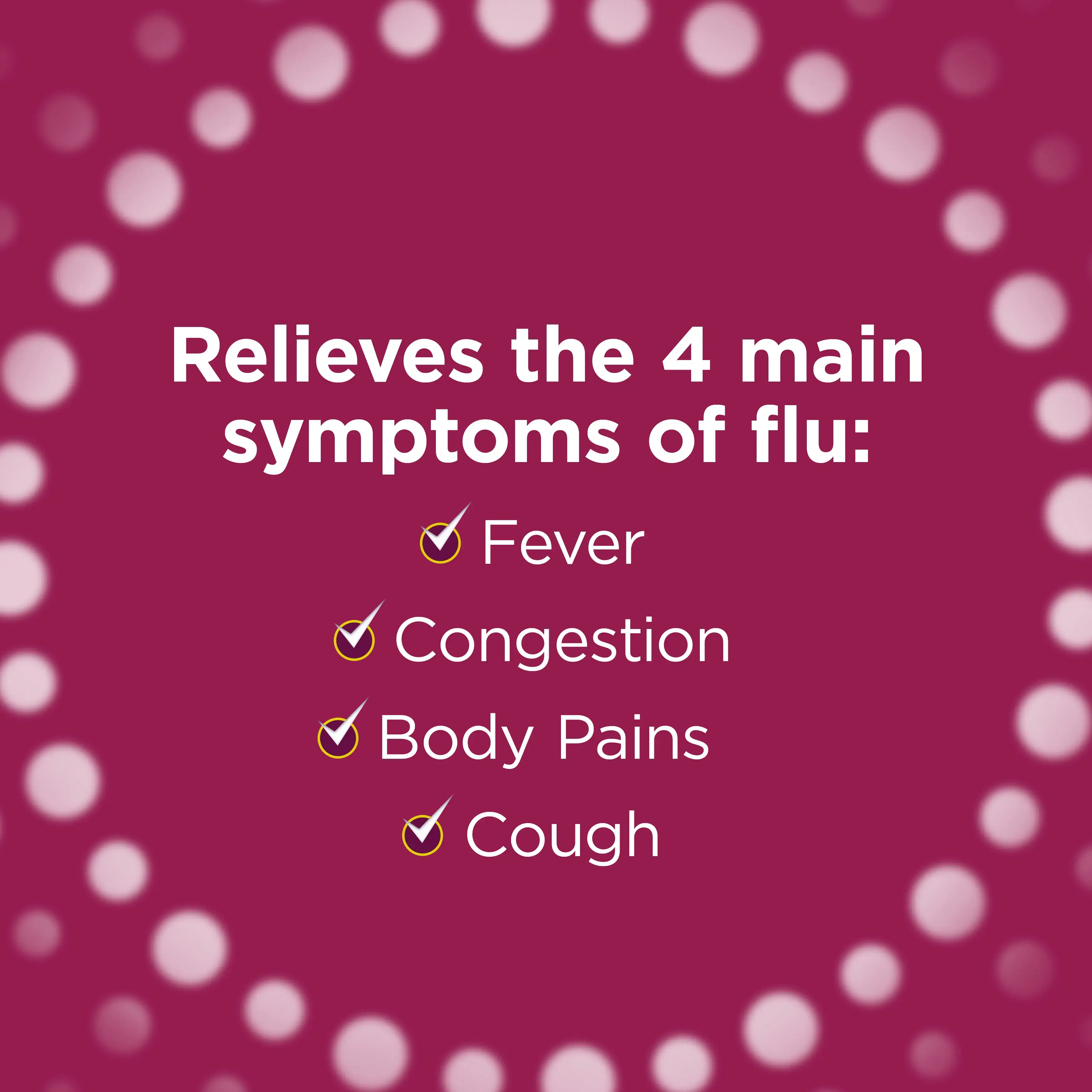 Image stating that Benylin 4 Flu tablets - Flu Relief Medicine relieves the 4 main symptoms of flu