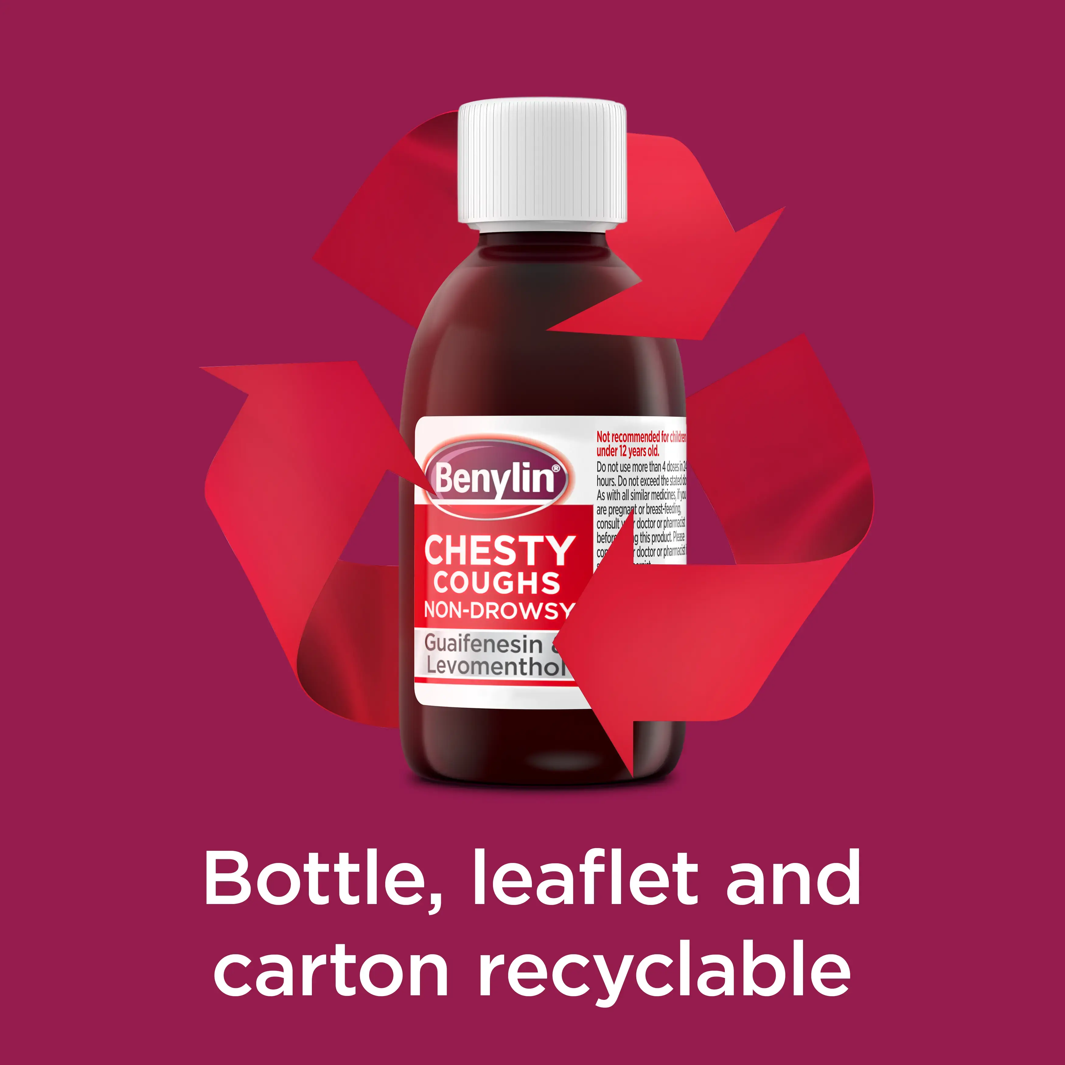 Image showing Benylin Chesty Coughs non-drowsy product with the claim: Bottle, leaflet and carton reciclable