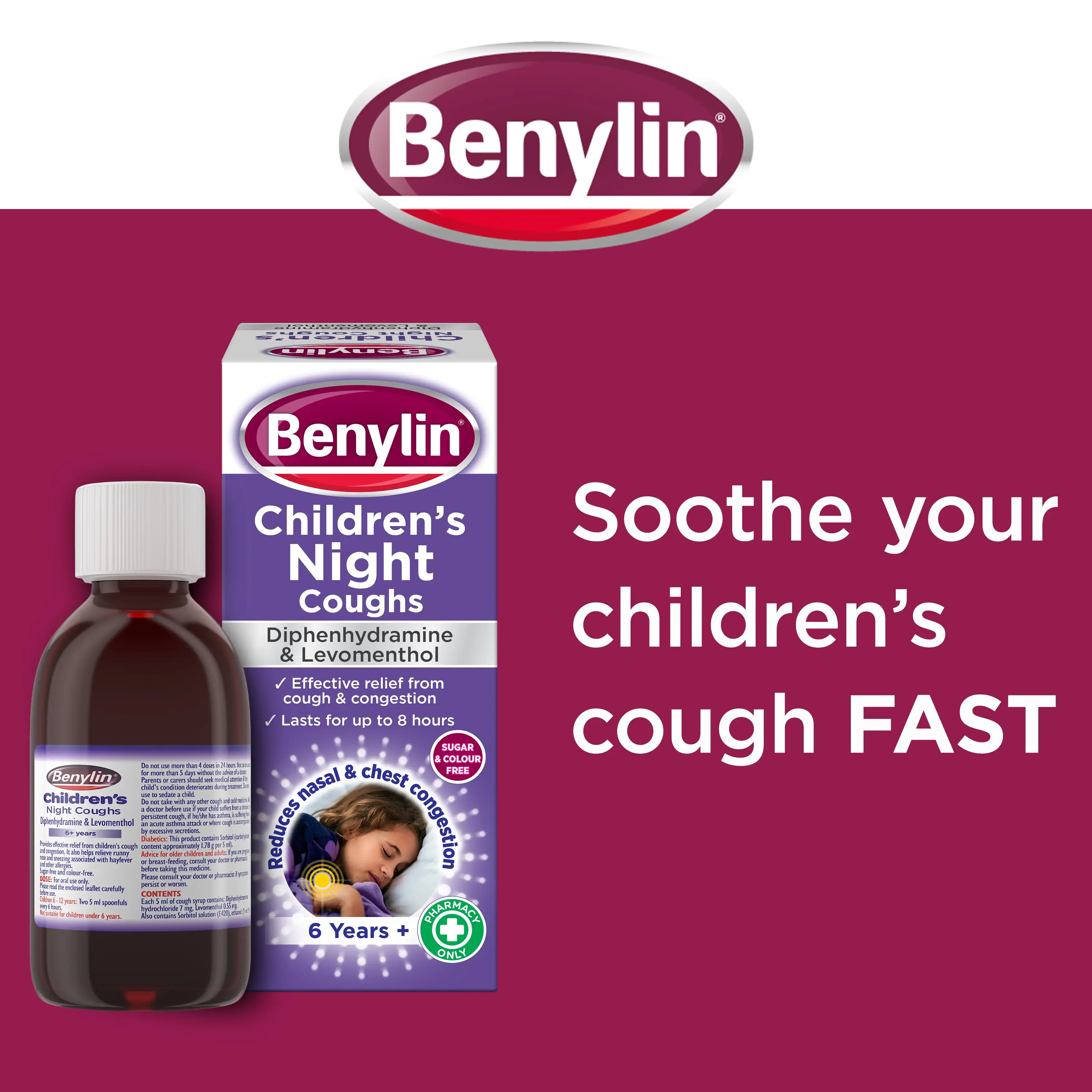 Image showing BenylinChildren’s Night Coughs Medicine with the claim: Soothe your infant's cough fast