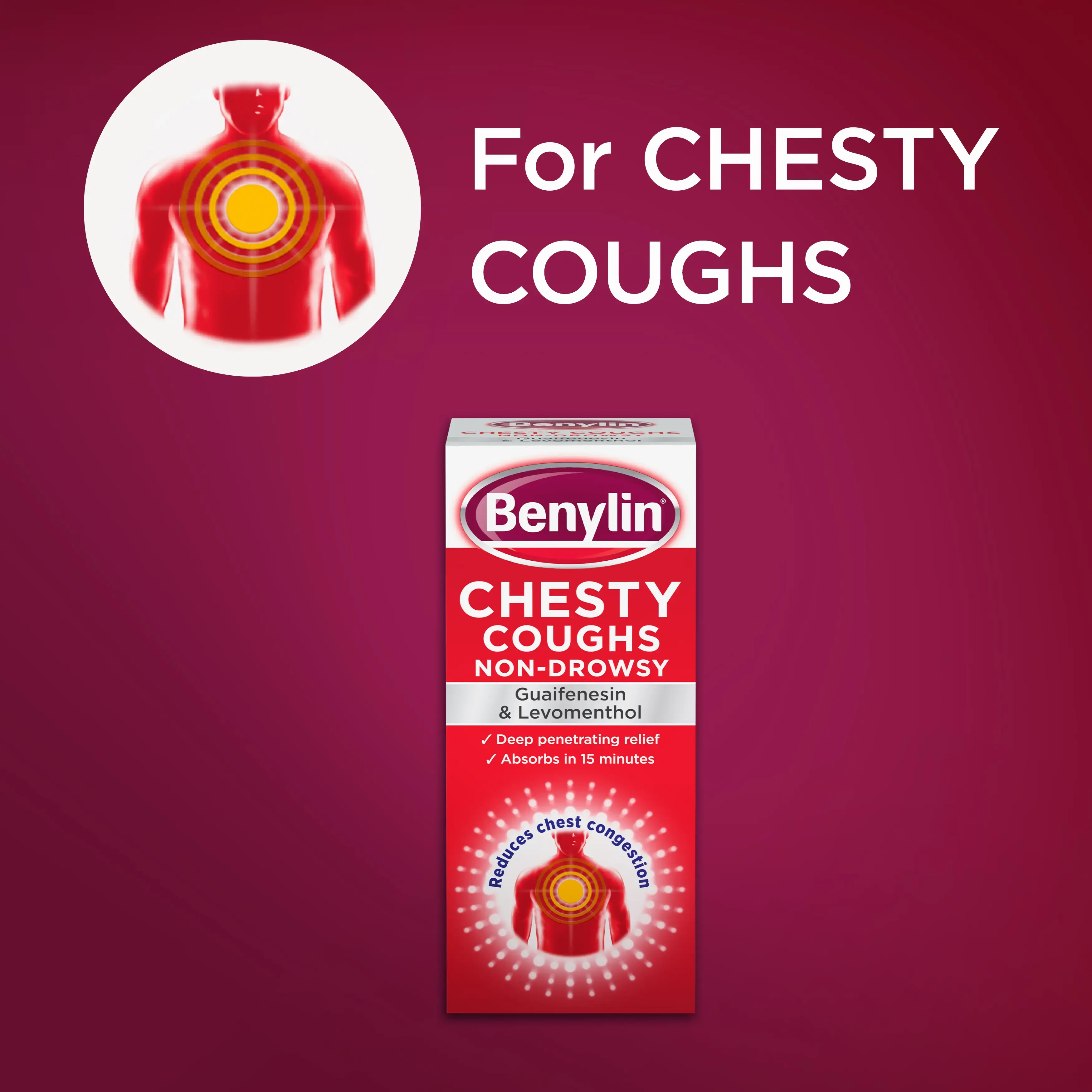 Image showing Benylin Chesty Coughs non-drowsy product with the claim: For CHESTY COUGHS