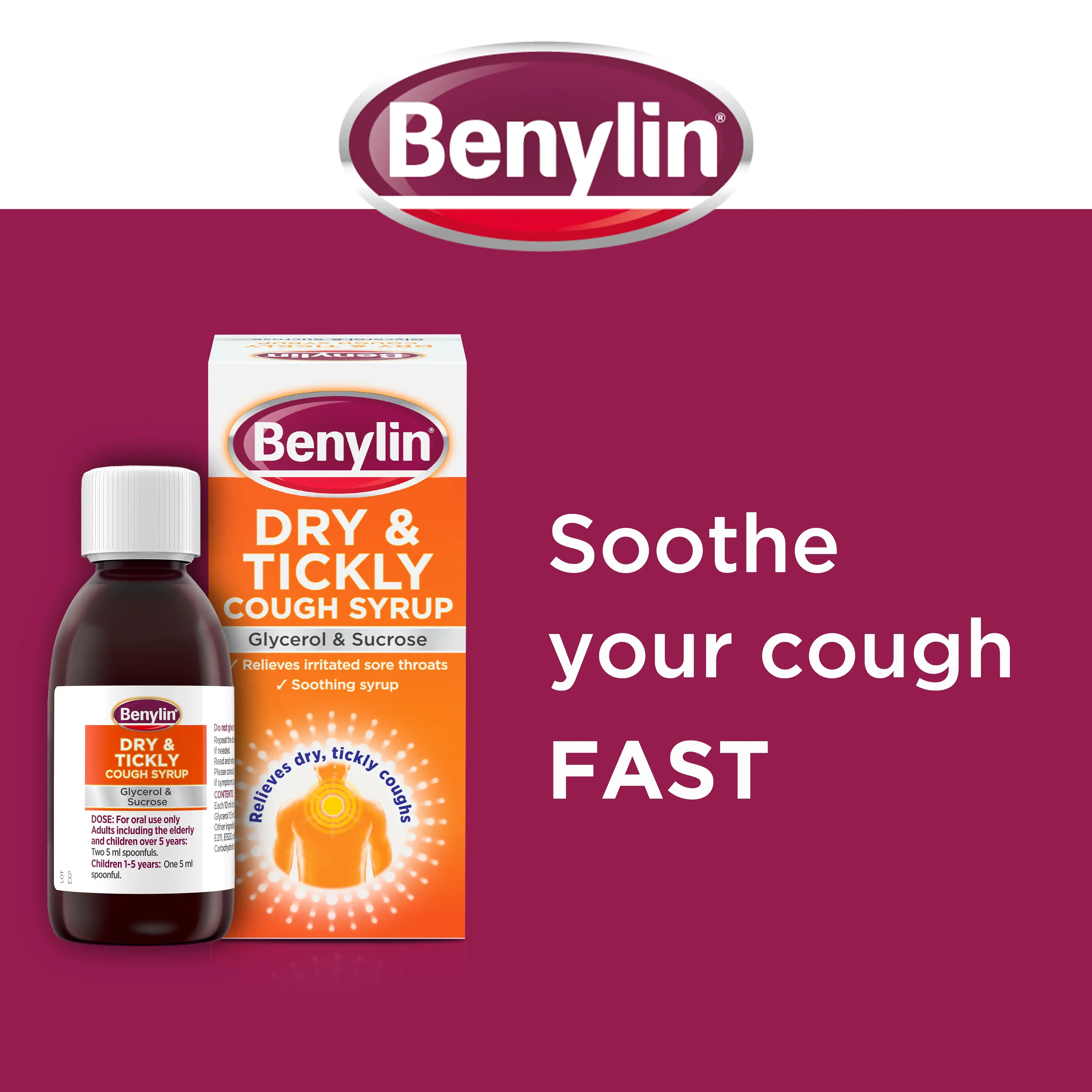 Image showing packshot of Dry & Tickly with the title: Soothe your cough FAST