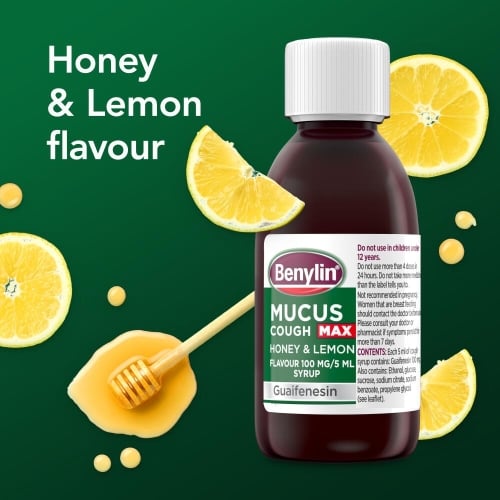 Image showing the bottle of Benylin Mucus Cough Max Honey & Lemon with the title: Honey & Lemon flavour