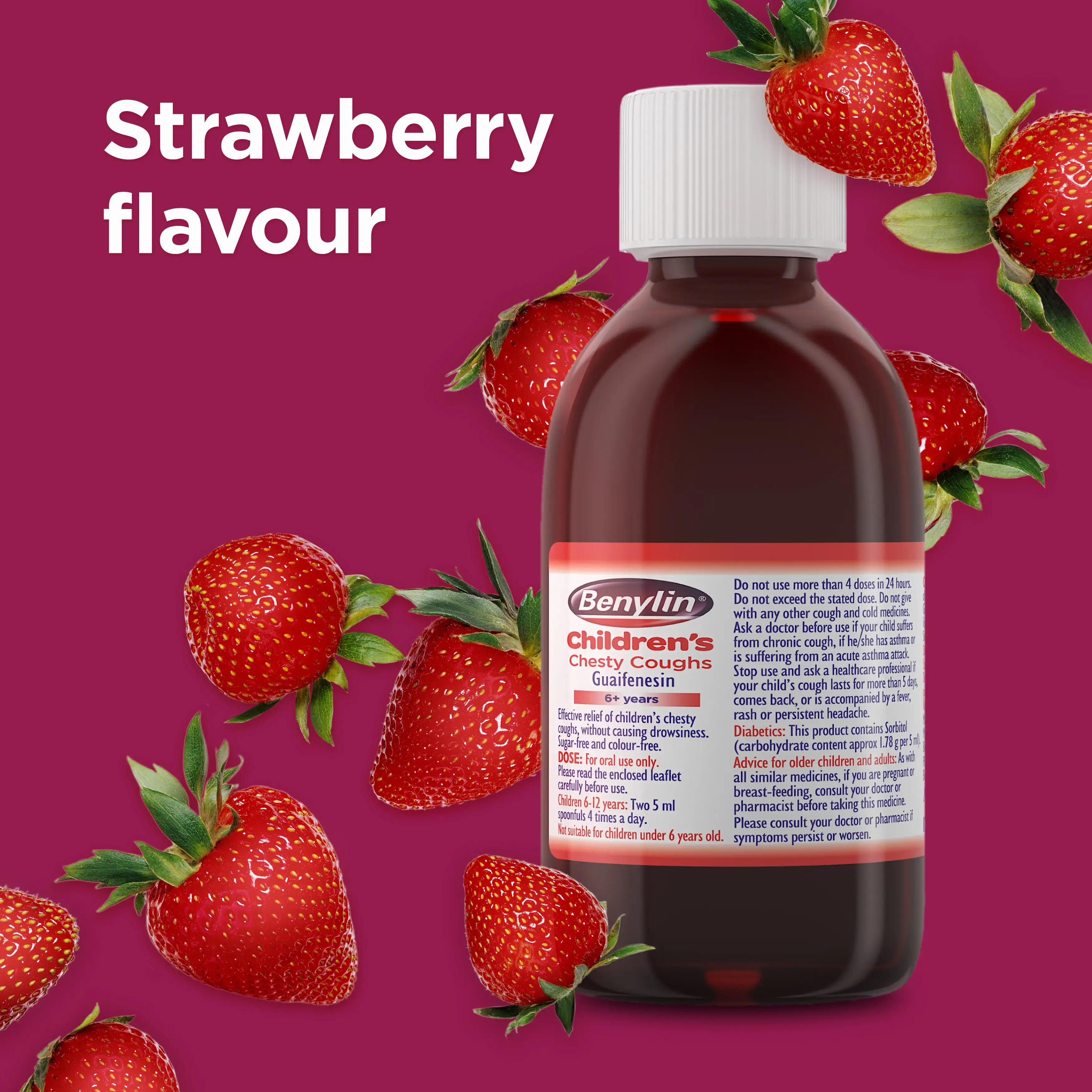 Image showing the bottle of Benylin Children's Chesty Coughs with the title: Strawberry flavour