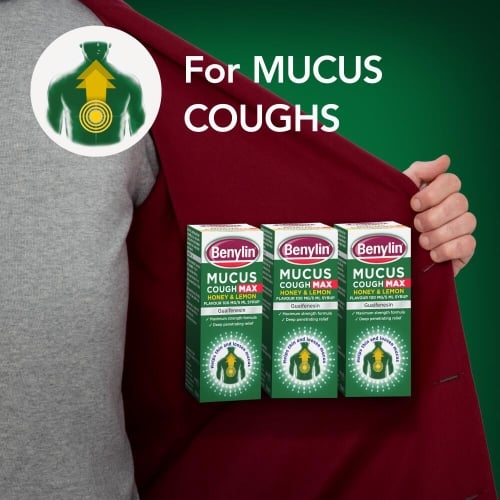 Image showing packshots of Benylin Mucus Cough Max Honey & Lemon with the title: For Mucus Coughs