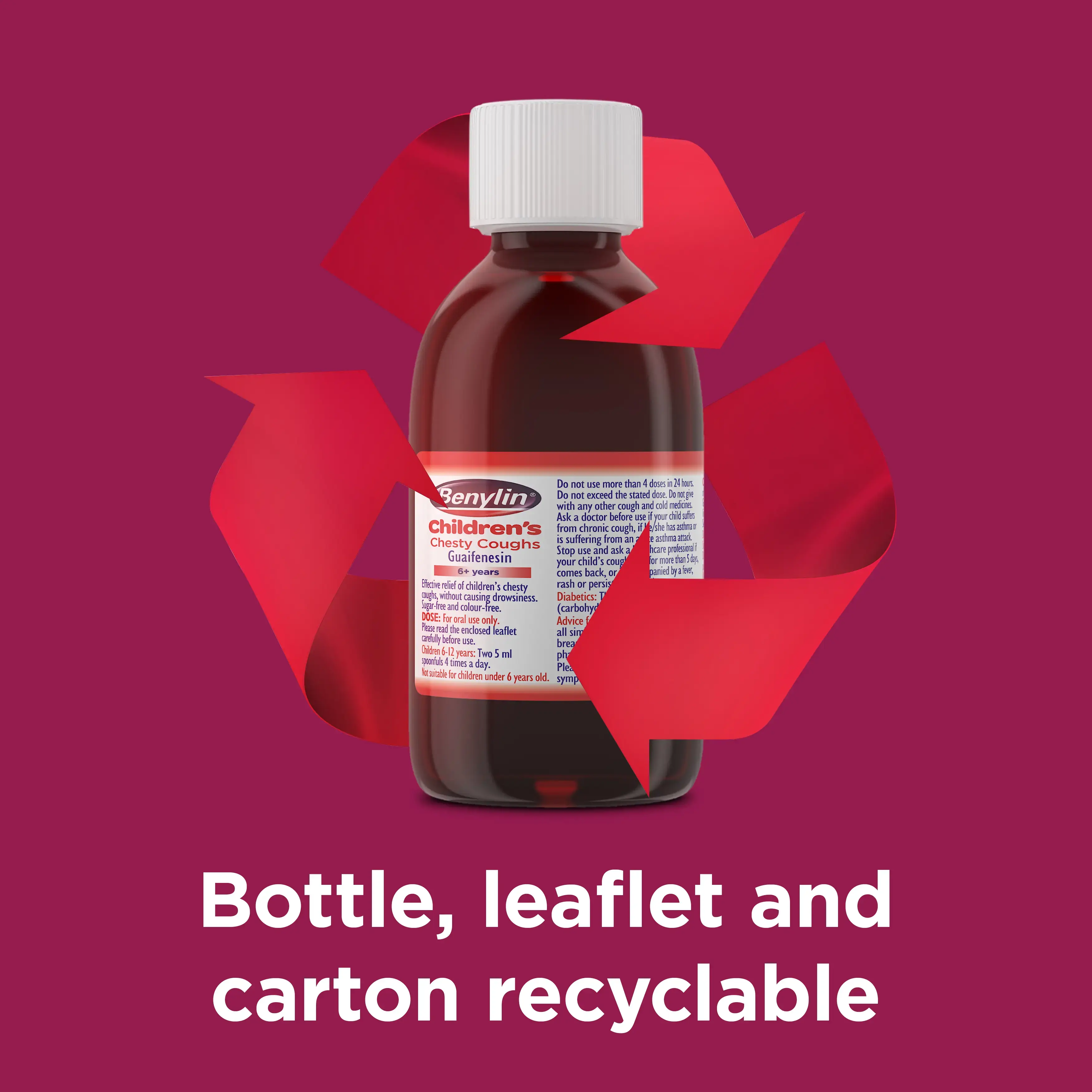 Image showing the bottle of Benylin Children’s Chesty Cough with the claim: Bottle, leaflet and carton reciclable