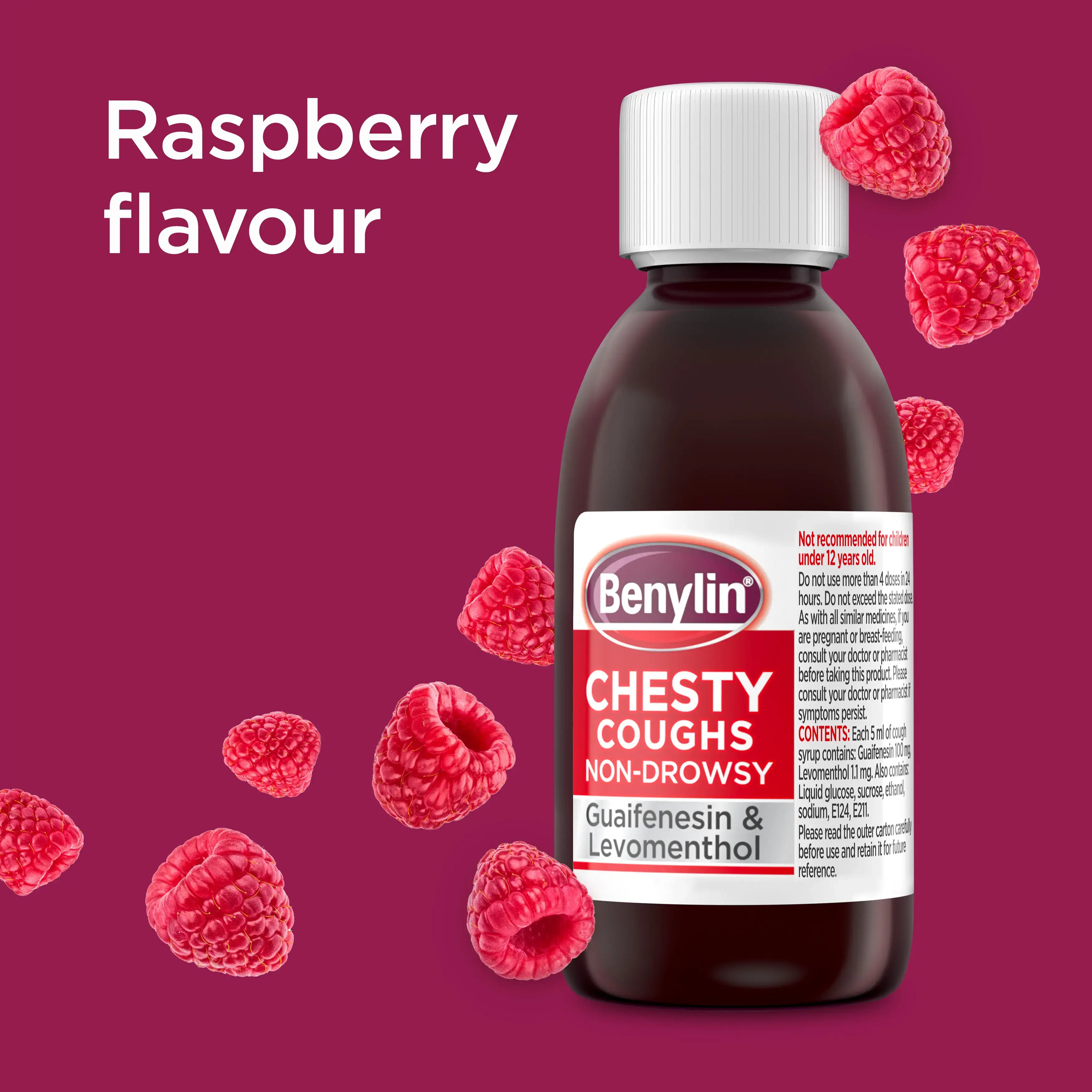 Image Benylin Chesty Coughs non-drowsy product with the camption: Raspberry flavour
