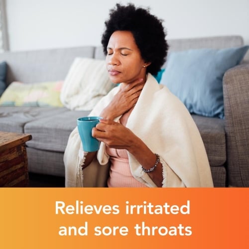 Image showing a woman withh her hand on her throat and the caption: Relieves irritated and sore throats (referring to Benylin Dry & Tickly Cough Syrup)