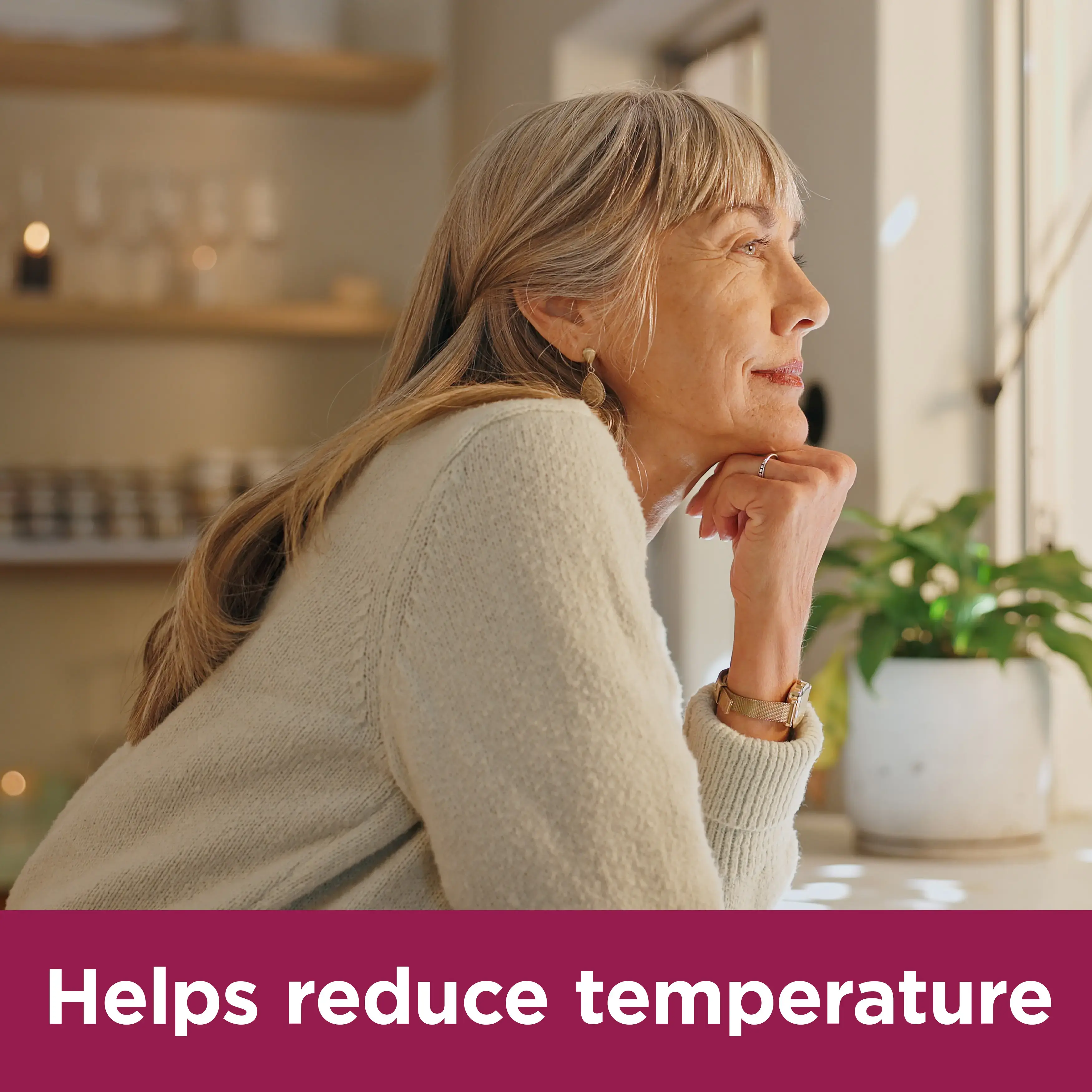 Image of a woman with the claim: Helps reduce temperature
