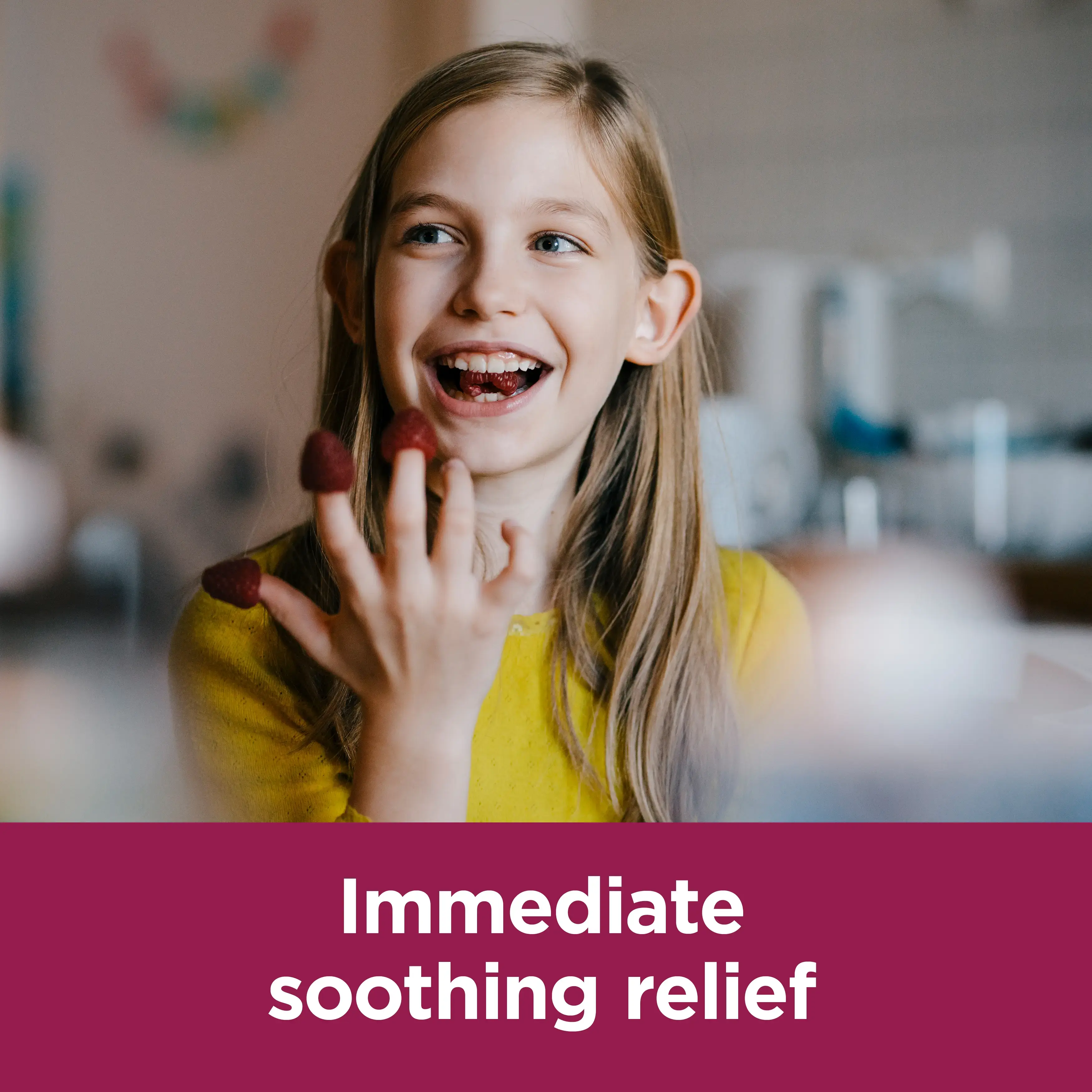 Image showing a girl smiling with the claim: Inmediate soothing relief