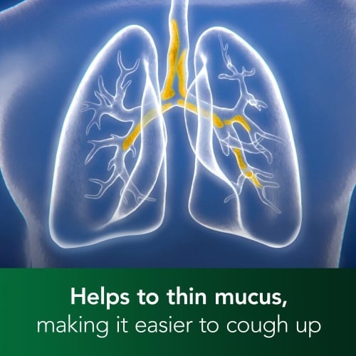 Image showing a drawing of lungs with the caption: Helps to thin mucus, making it easier to cough up (refering to Benylin Mucus Cough Max Honey & Lemon)