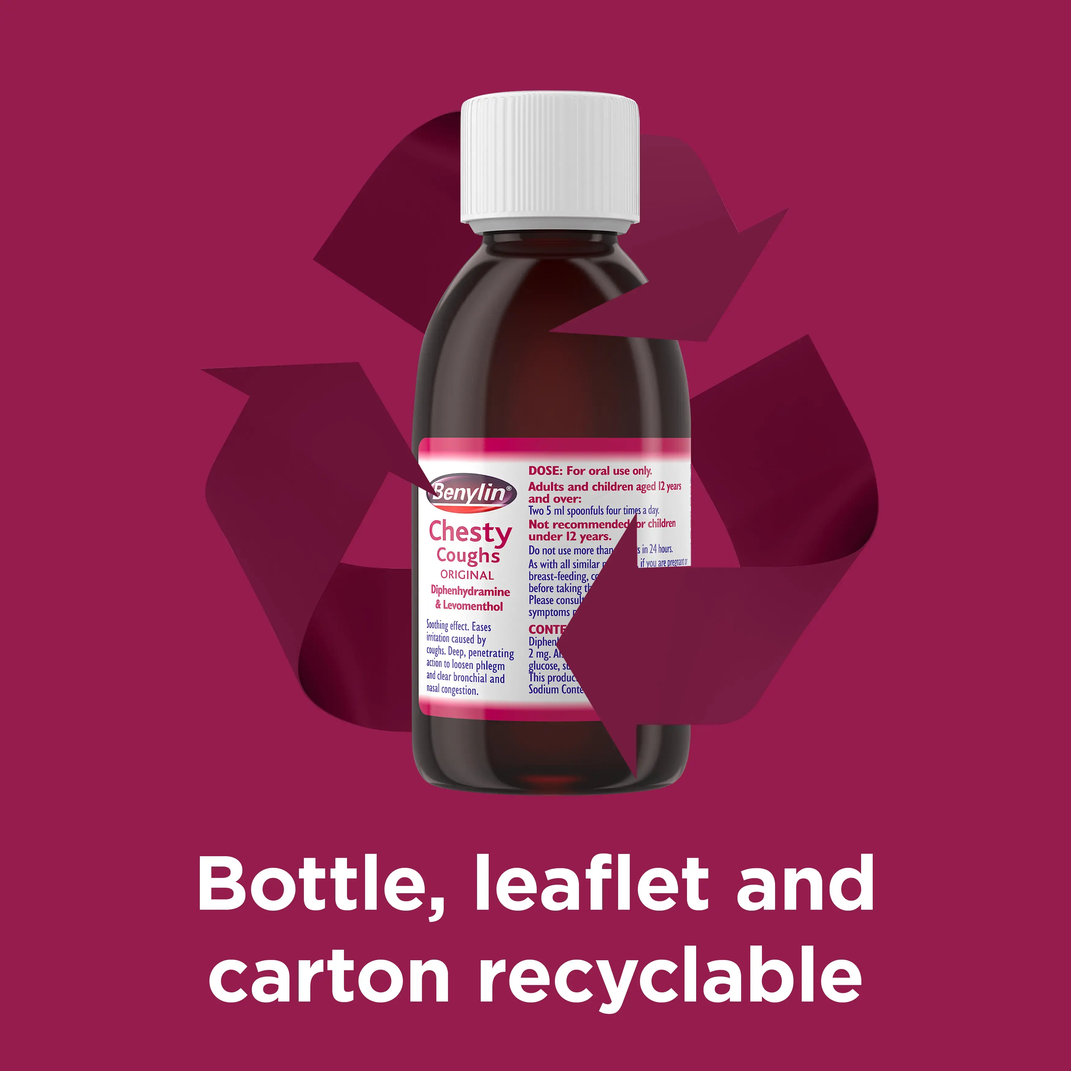 Image showing packshot of Benylin Chesty Coughs Original Medicine with the claim: Bottle, leaflet and carton recyclable