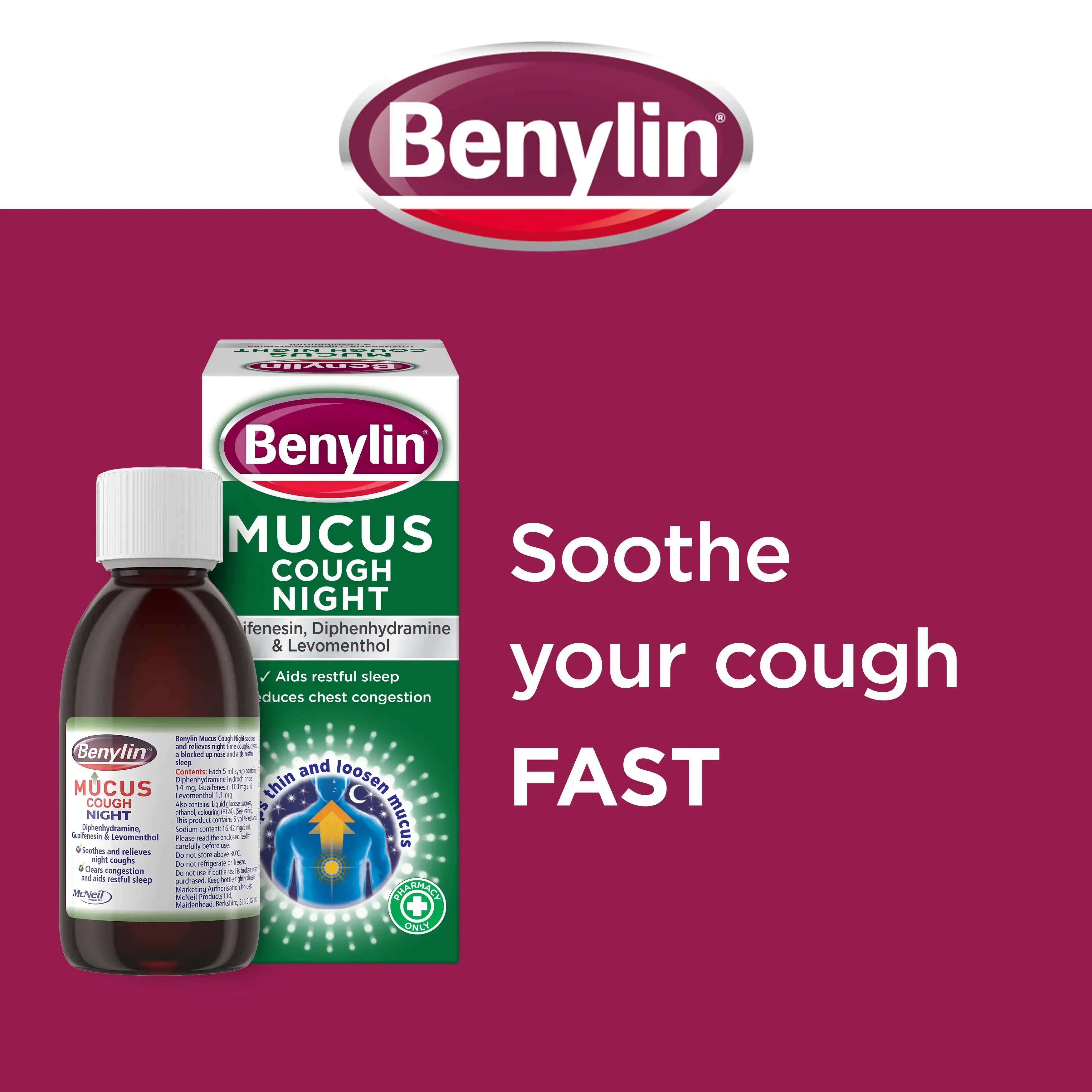 Image showing packshot of Benylin Mucus Cough Night with the title: Soothe your cough FAST