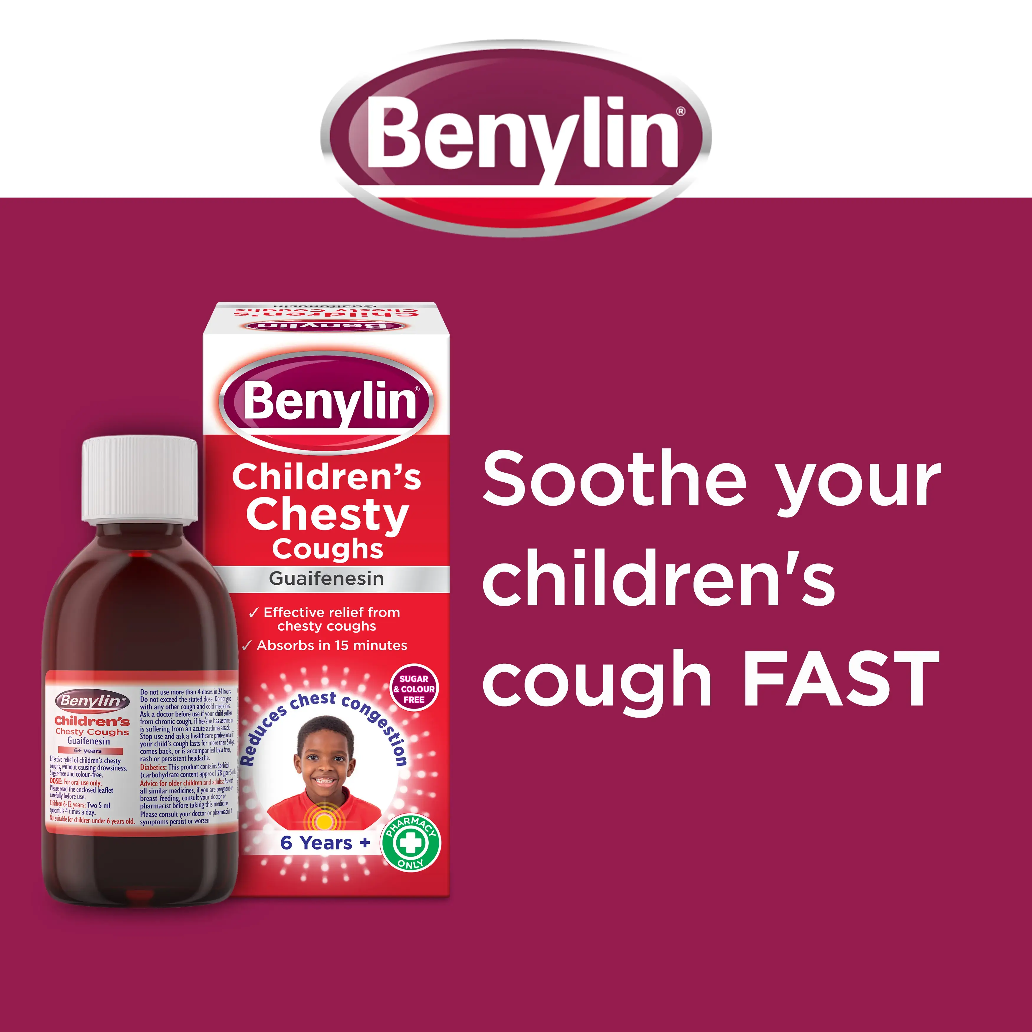 Image showing Benylin Children’s Chesty Cough with the claim: Soothe your children's cough fast