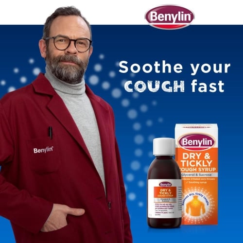 Image showing Benylin Dry & Tickly Cough Syrup packshot with the title Soothe your cough fast