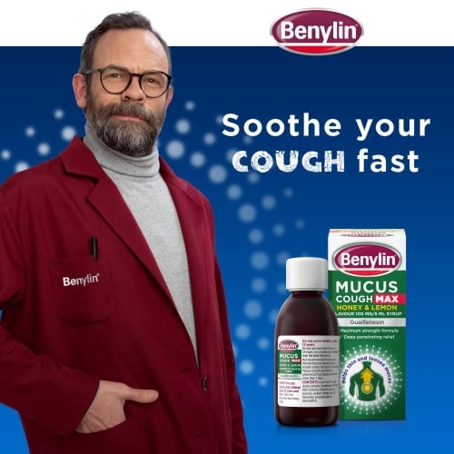 Image showing Benylin Mucus Cough Max Honey & Lemon packshot with the title Soothe your cough fast