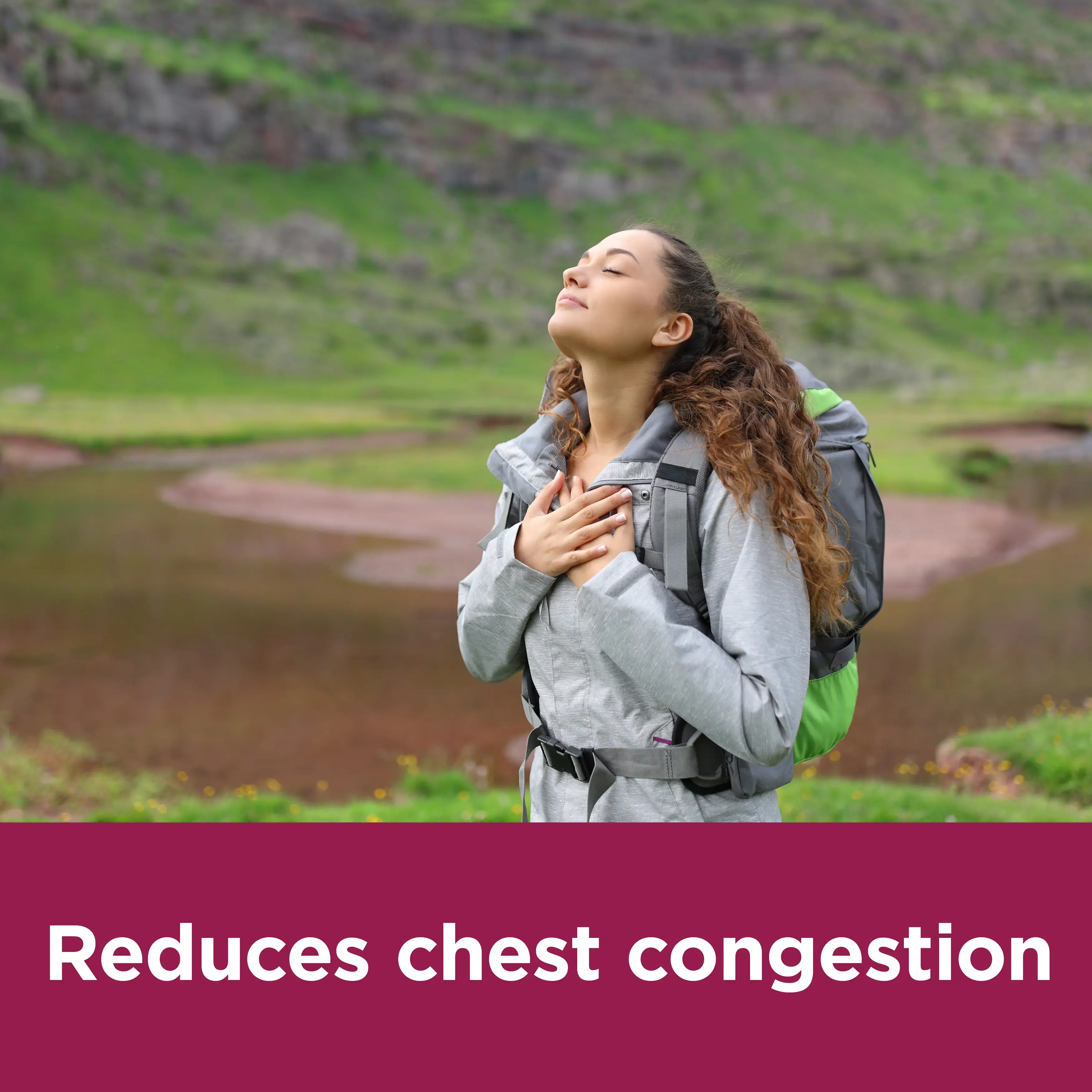 Image showing a woman with her hands on the chest with the claim: Reduces chest congestion