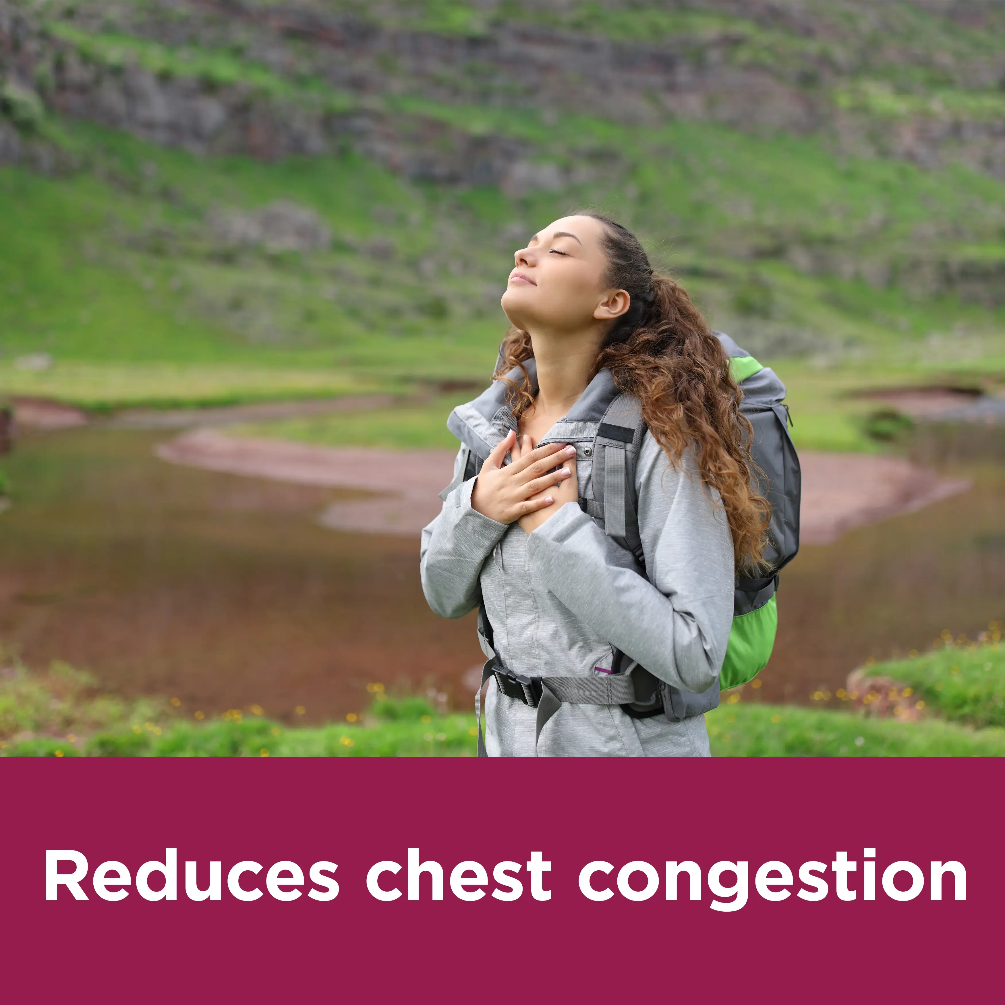Image showing a woman with her hands on the chest with the claim: Reduces chest congestion