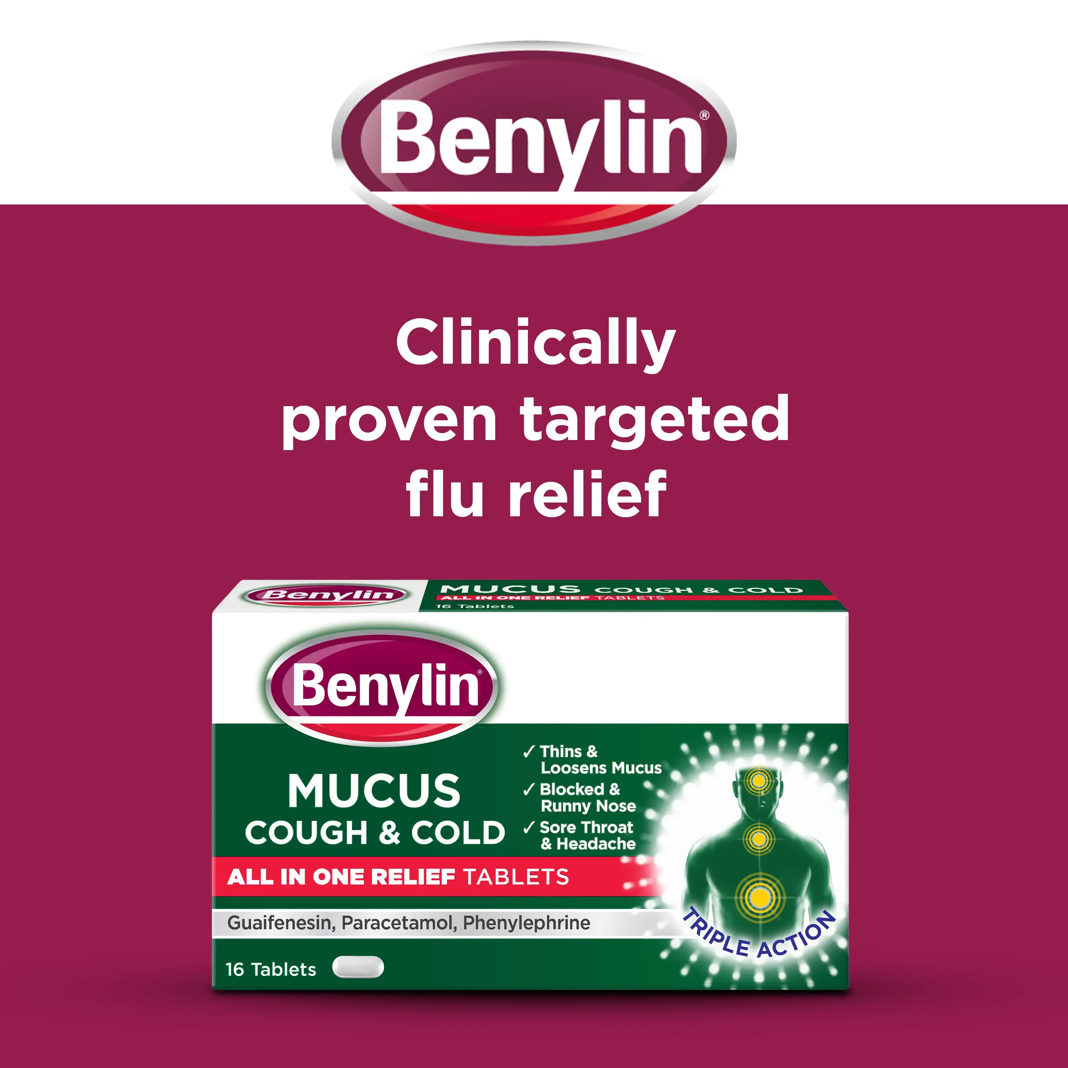 Image showing packshot of Benylin Mucus Cough & Cold All in One Relief Tablets with the title: Clinically proven targeted flu relief