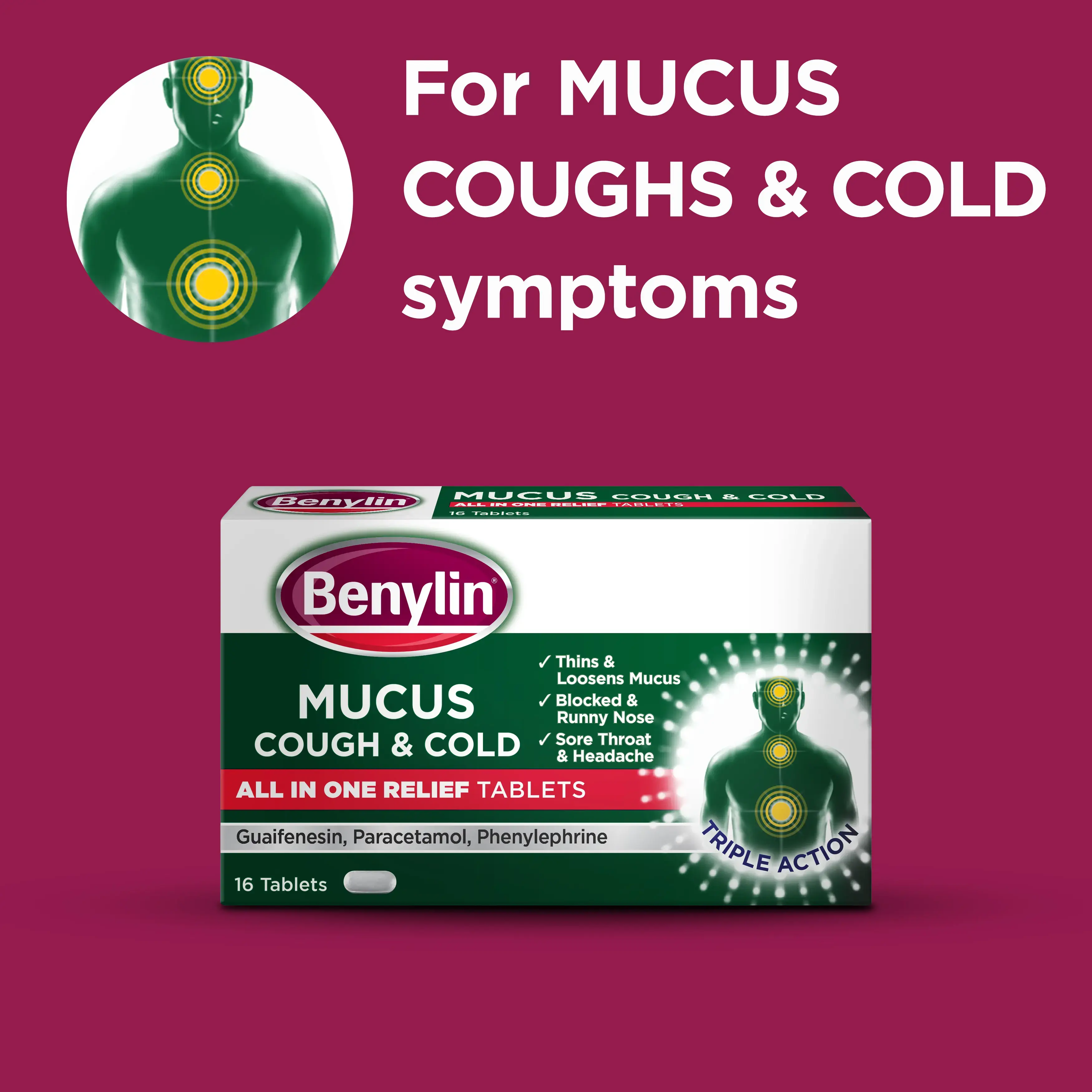 Image showing packshot of Benylin Mucus Cough & Cold All in One Relief Tablets with the title: For MUCUS COUGHS & COLD