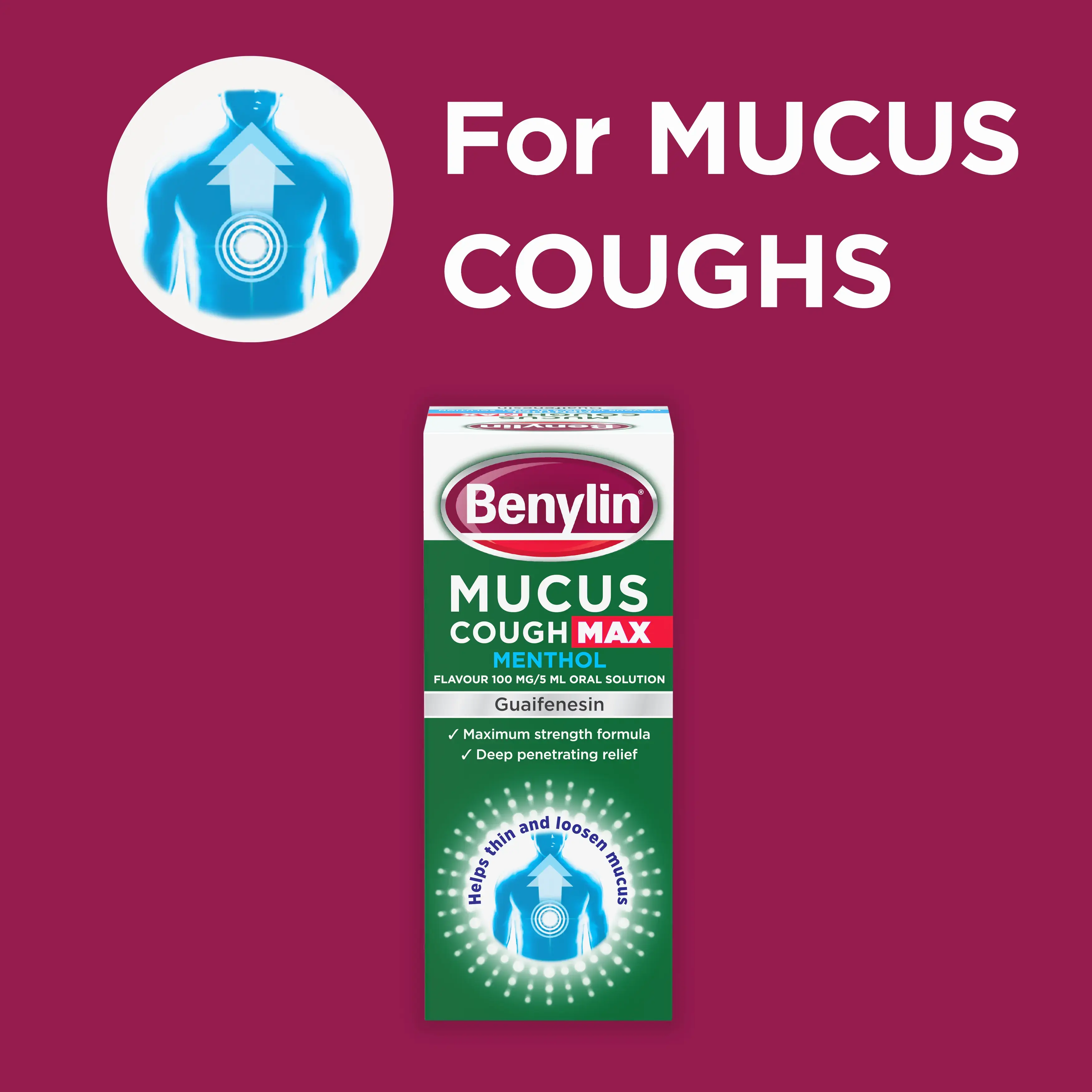 Image showing packshot of Benylin Mucus Cough Max Menthol with the title: For mucus coughs
