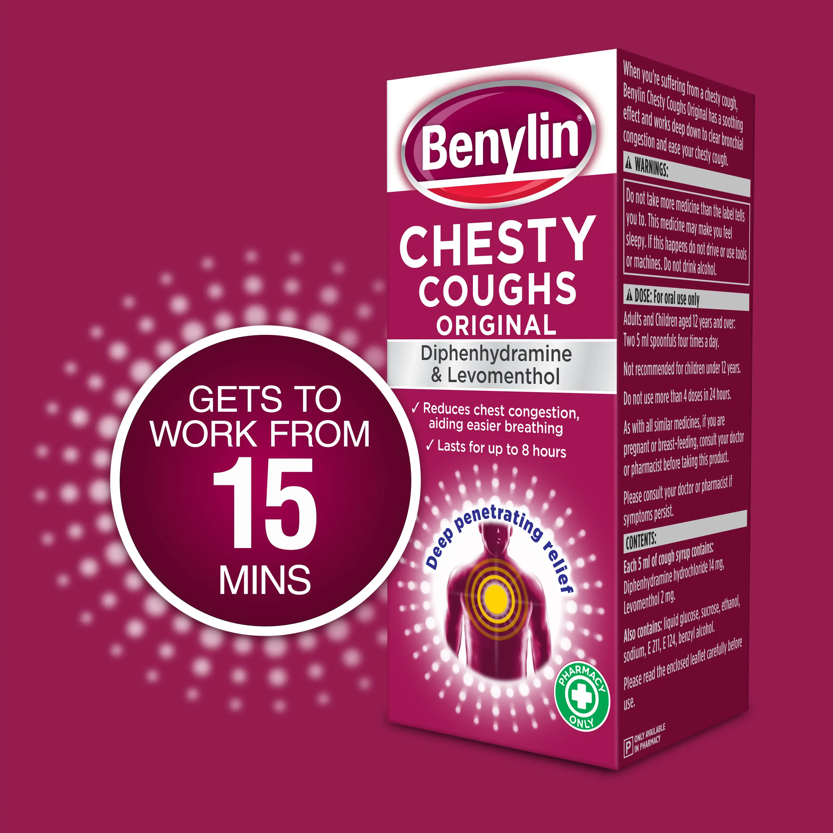 Image showing packshot of Benylin Chesty Coughs Original Medicine with the caption: Gets to work from 15 mins
