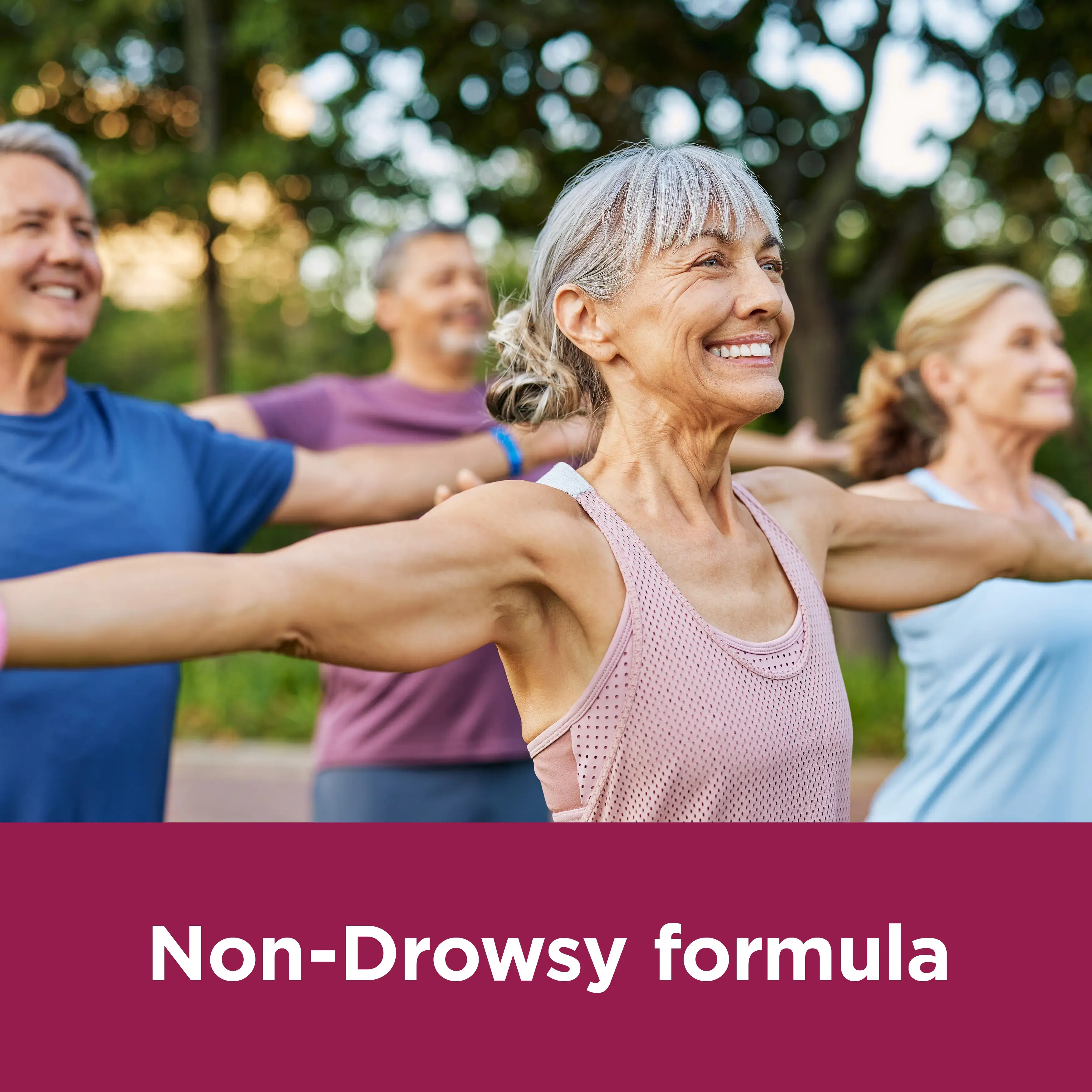 Image of a elder woman doing exercise with the claim: Non-Drowsy formula