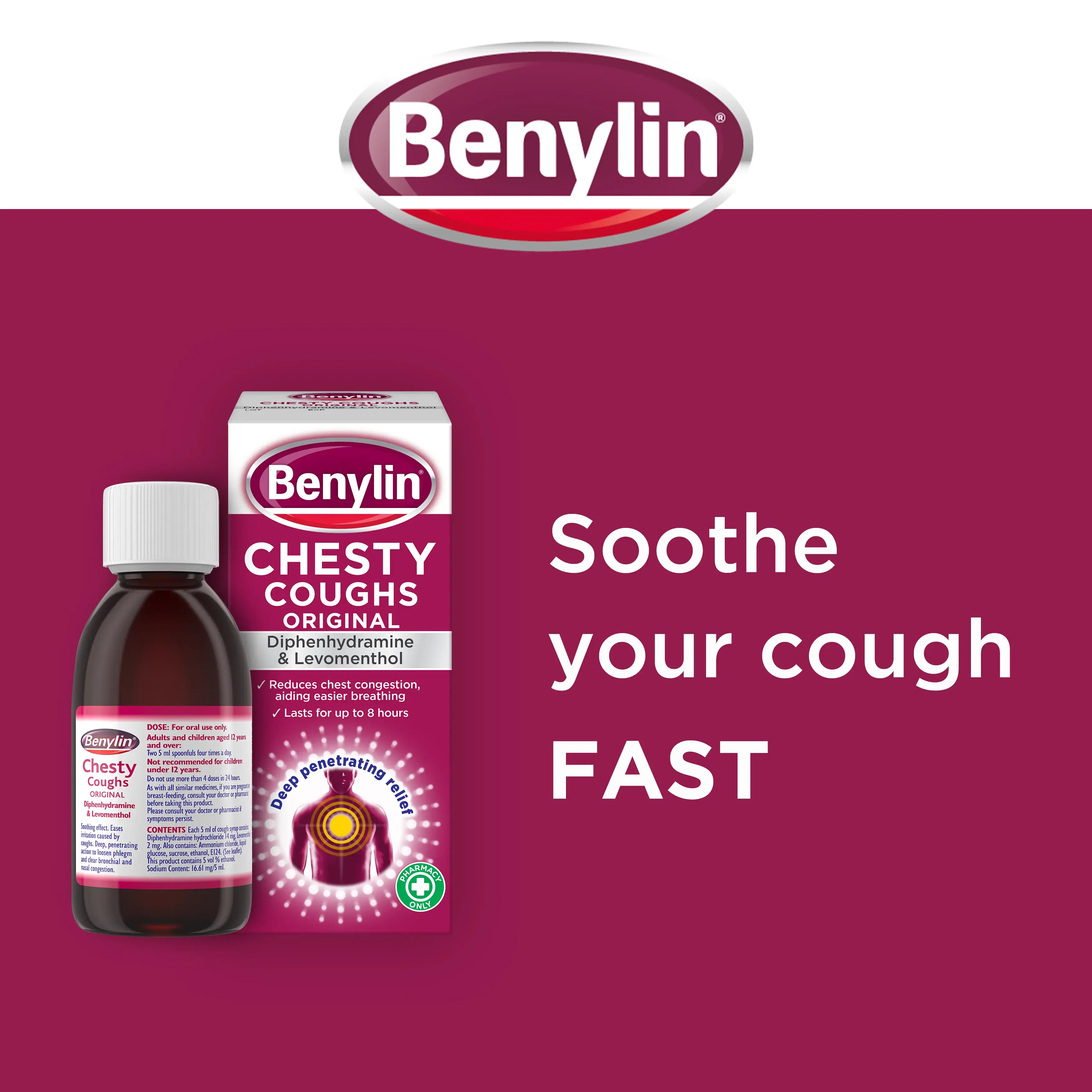 Image showing packshot of Benylin Chesty Coughs Original Medicine with the title: Soothe your cough FAST