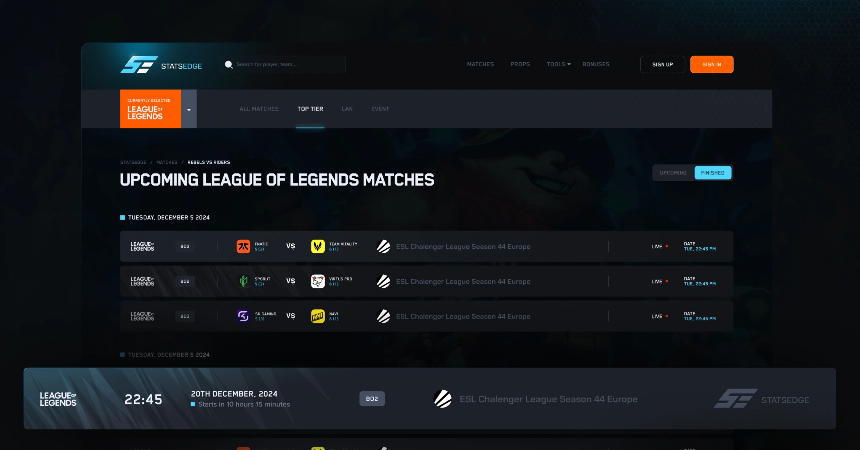 Advanced Analytics Platform for Esports Betting core feature showcase