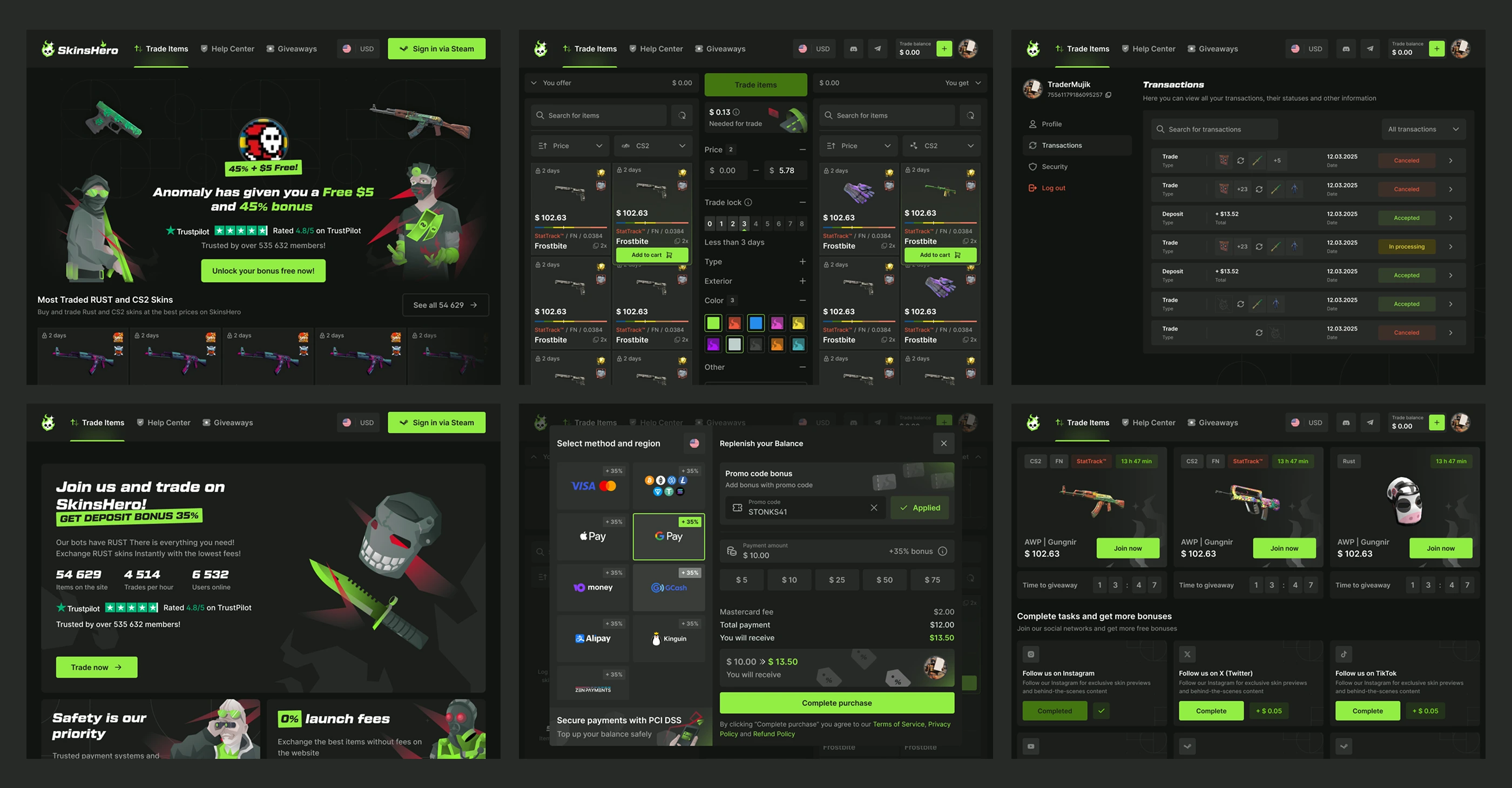 Skins Trading Platform for Rust & CS2 core feature showcase