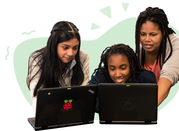  A teacher and two students looking at a laptop.