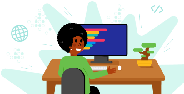 An illustration of a woman sitting at a computer desk