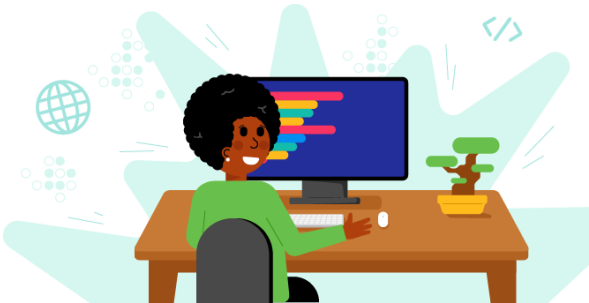 An illustration of a woman sitting at a computer desk