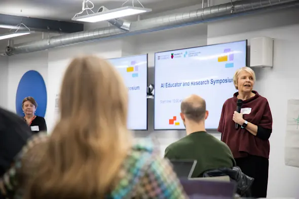 Sue Sentance speaks at the 2025 AI symposium at the Raspberry Pi Foundation office in Cambridge.