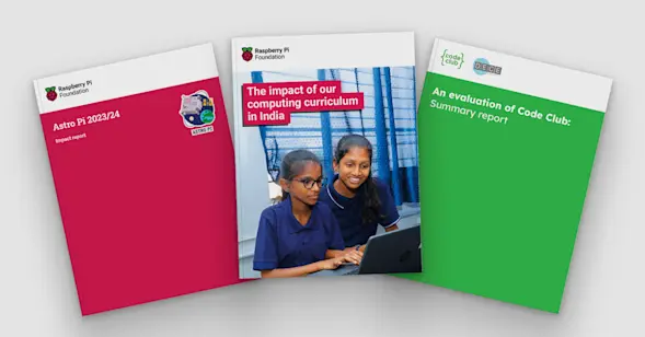A spread of three impact report covers.